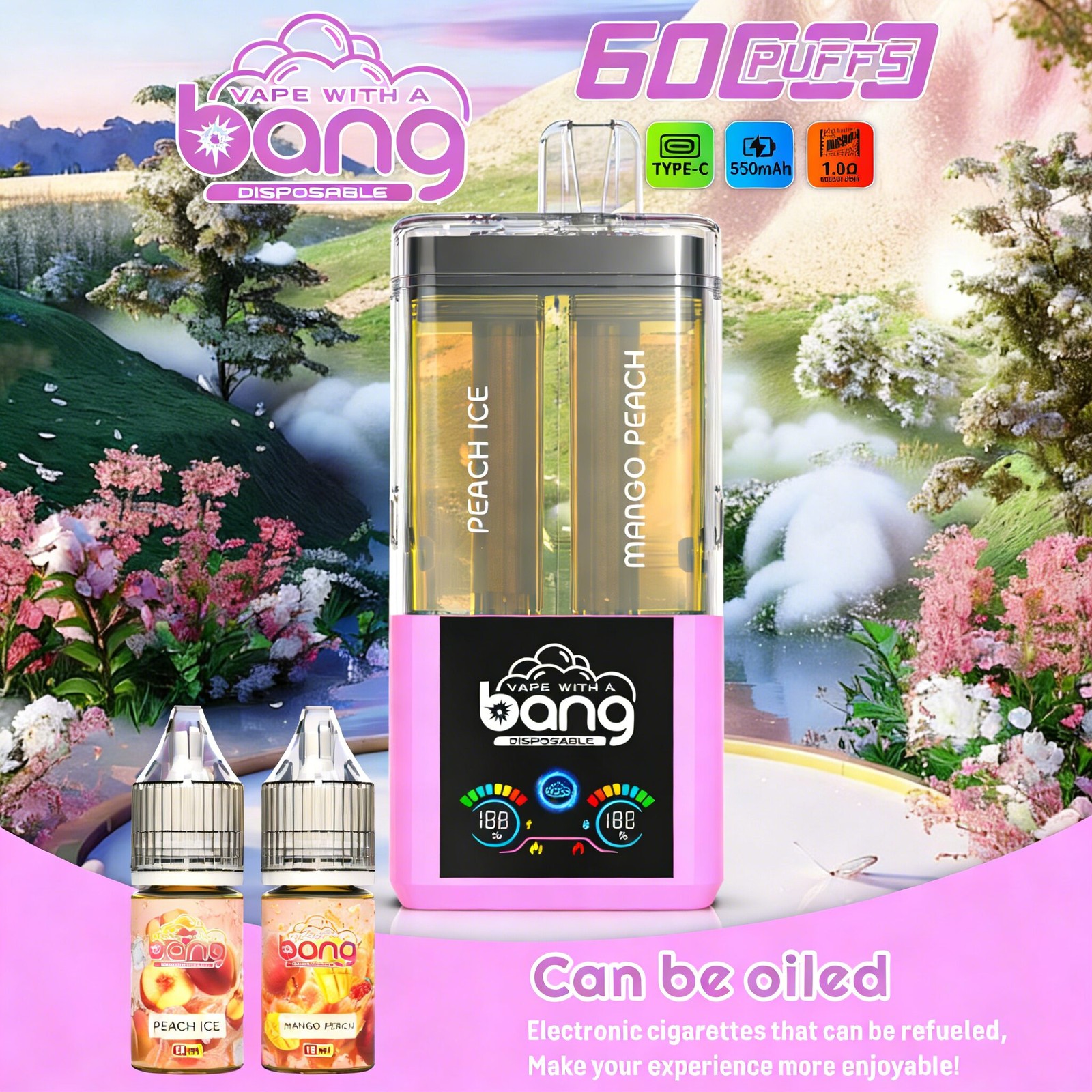 Bang 60K 60000 Puffs Dual Flavors Rechargeable Refillable Oil Vape in Peach Ice/Mango Peach flavor