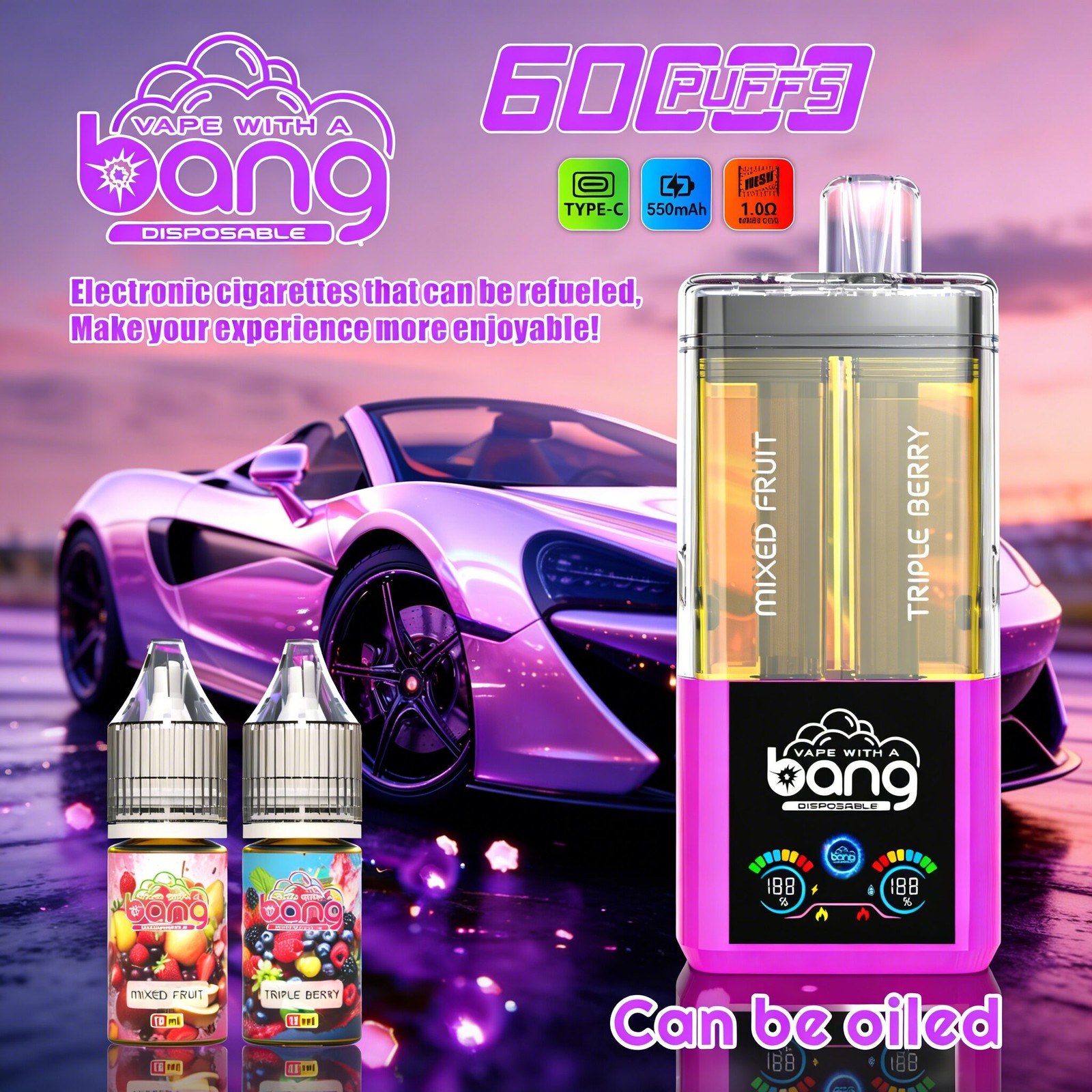 Bang 60K 60000 Puffs Dual Flavors Rechargeable Refillable Oil Vape in Random Mix flavor
