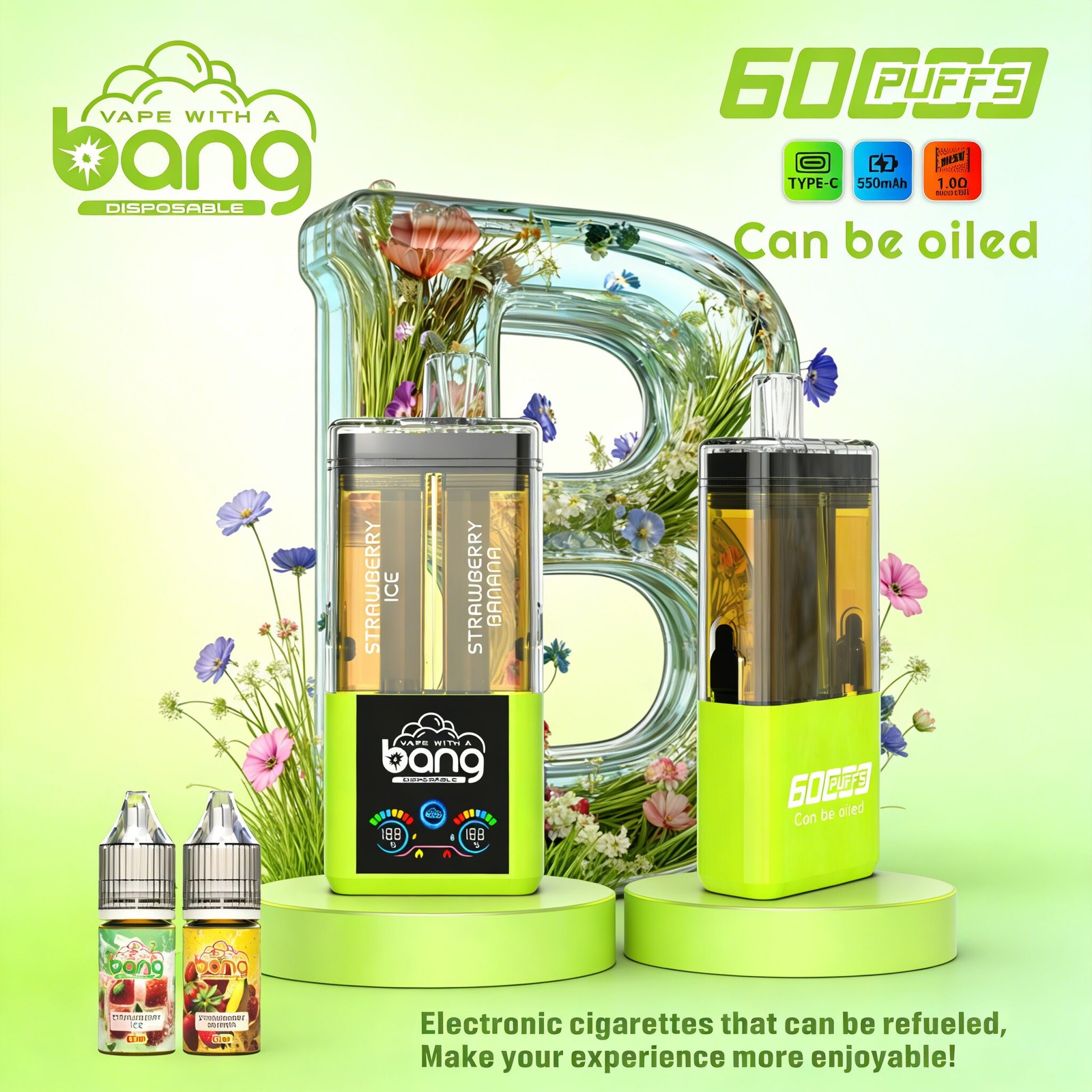 Bang 60K 60000 Puffs Dual Flavors Rechargeable Refillable Oil Vape in Strawberry Ice/Strawberry Banana flavor