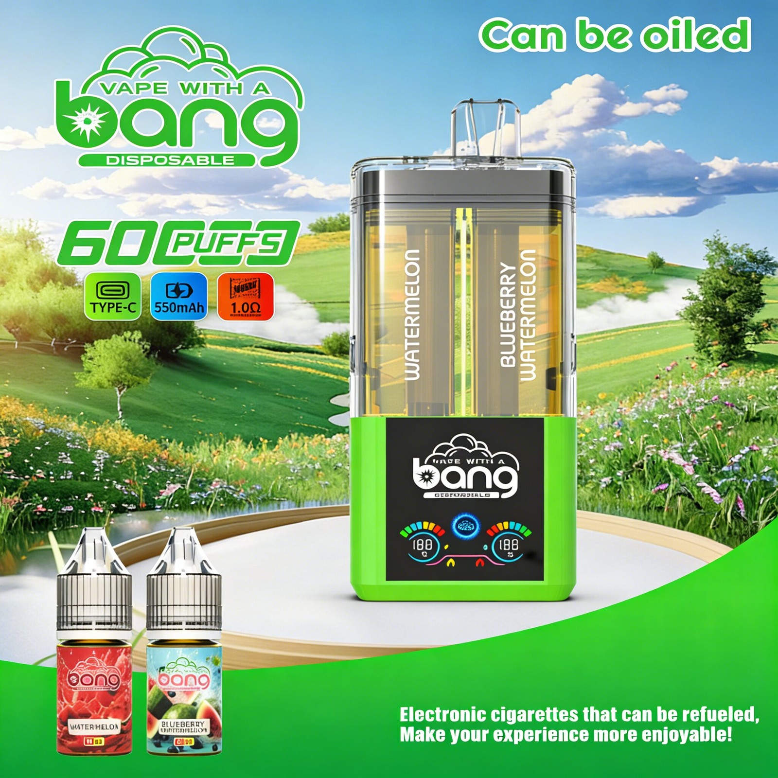 Bang 60K 60000 Puffs Dual Flavors Rechargeable Refillable Oil Vape in Watermelon/Blueberry Watermelon flavor