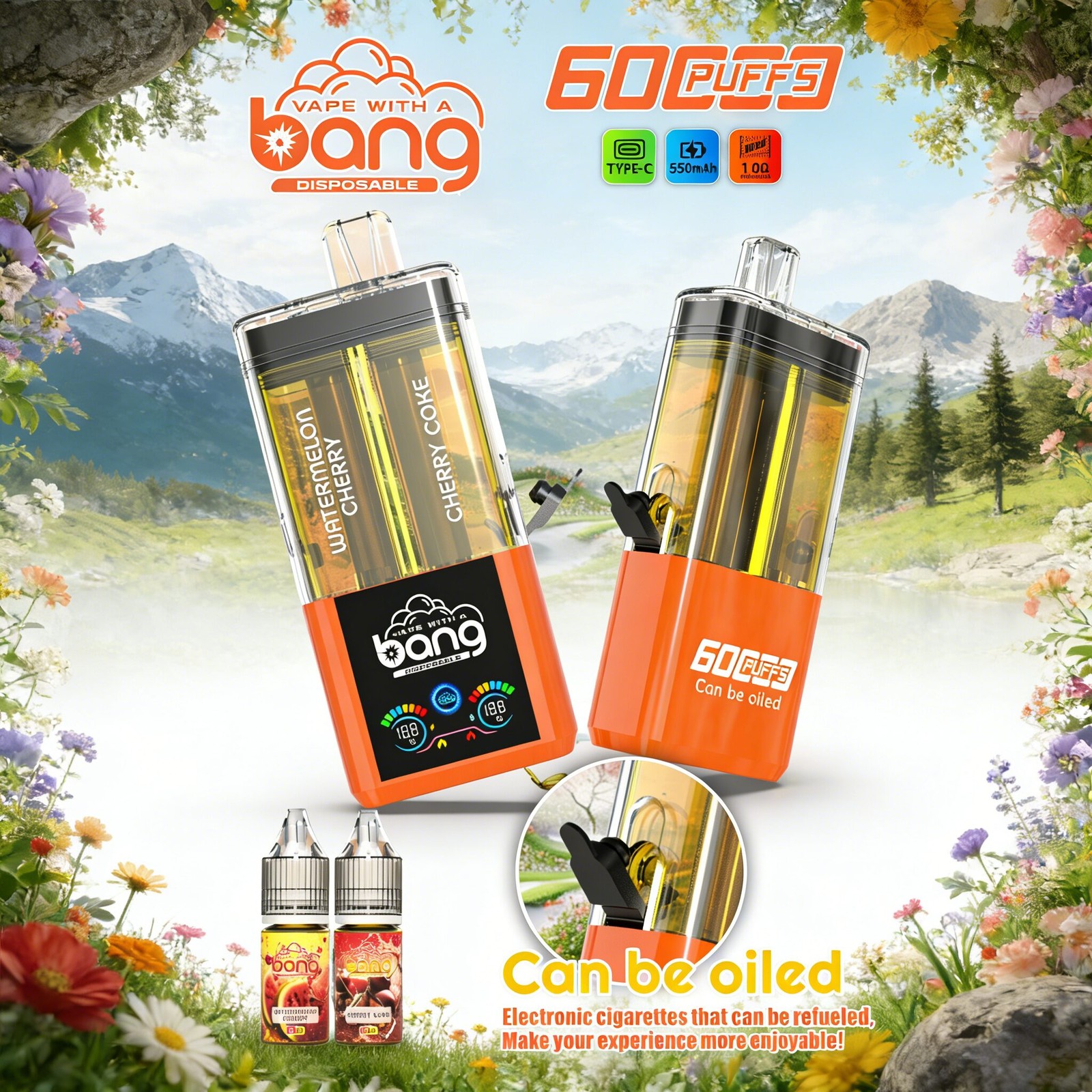 Bang 60K 60000 Puffs Dual Flavors Rechargeable Refillable Oil Vape in Watermelon Cherry/Cherry Coke flavor