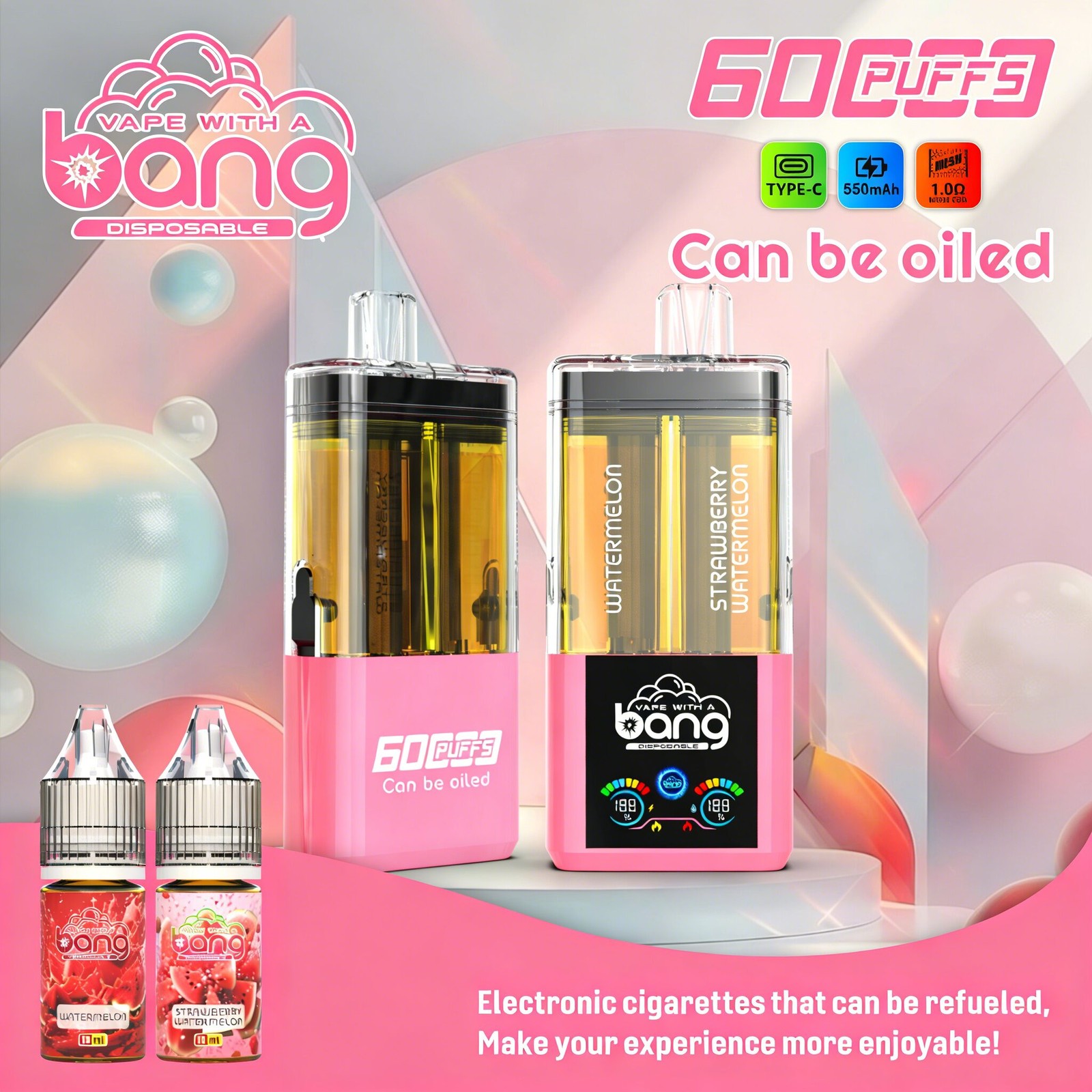 Bang 60K 60000 Puffs Dual Flavors Rechargeable Refillable Oil Vape in Watermelon/Strawberry Watermelon flavor