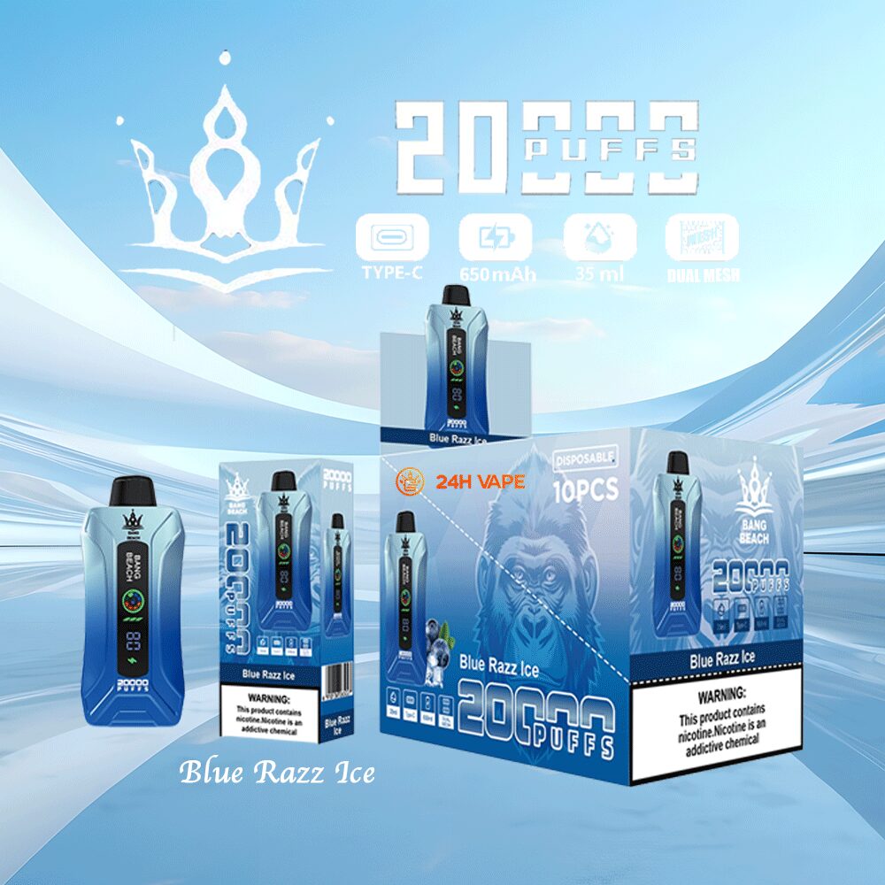 Bang Beach 20000 20K Puffs 0% 2% 3% 5% Nicotine New LED Display Vape Pod in Blue Razz Ice flavor