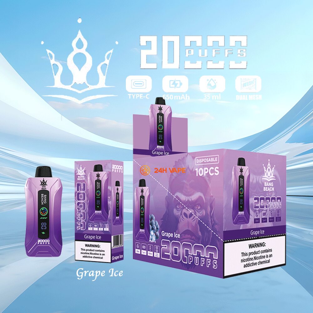 Bang Beach 20000 20K Puffs 0% 2% 3% 5% Nicotine New LED Display Vape Pod in Grape Ice flavor