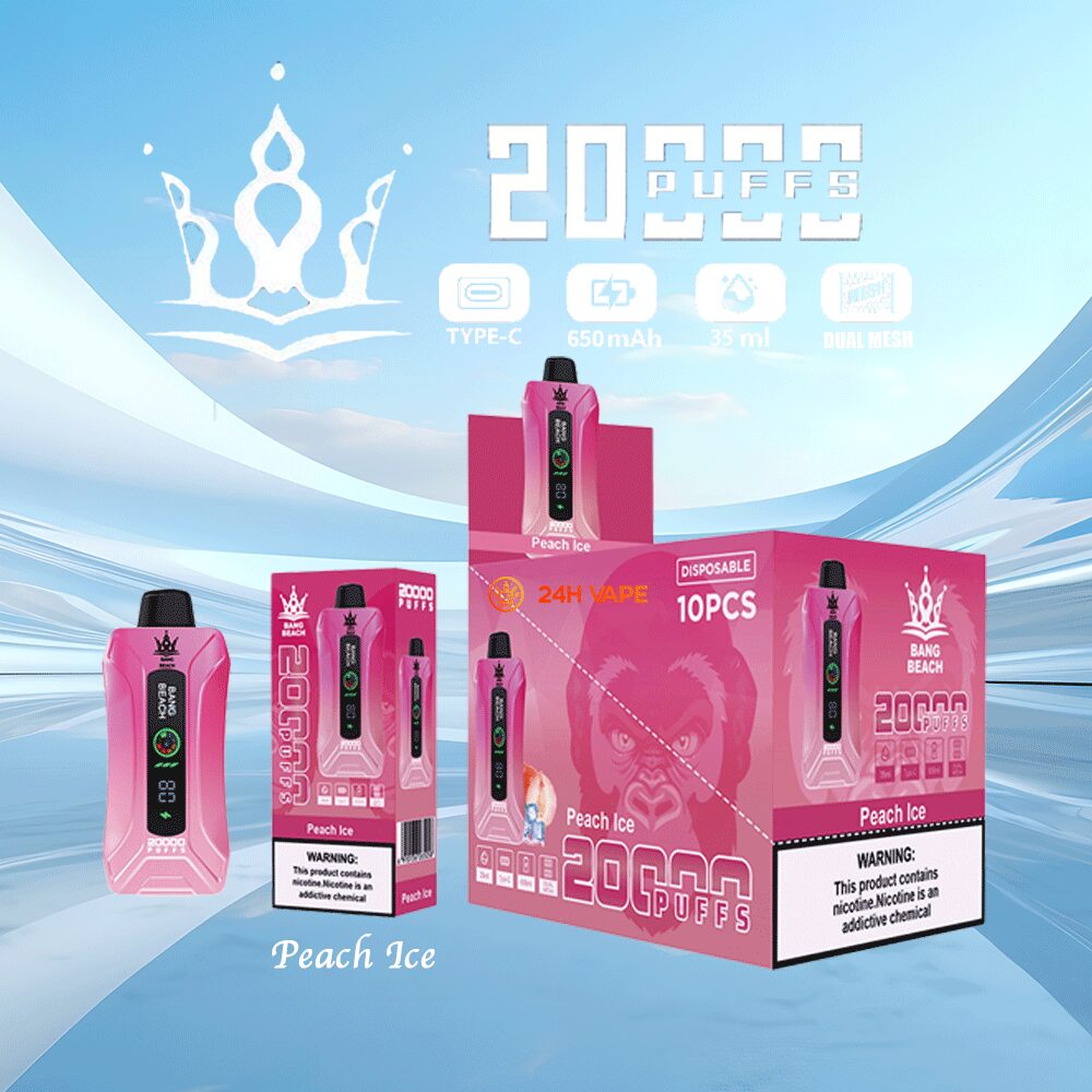 Bang Beach 20000 20K Puffs 0% 2% 3% 5% Nicotine New LED Display Vape Pod in Peach Ice flavor