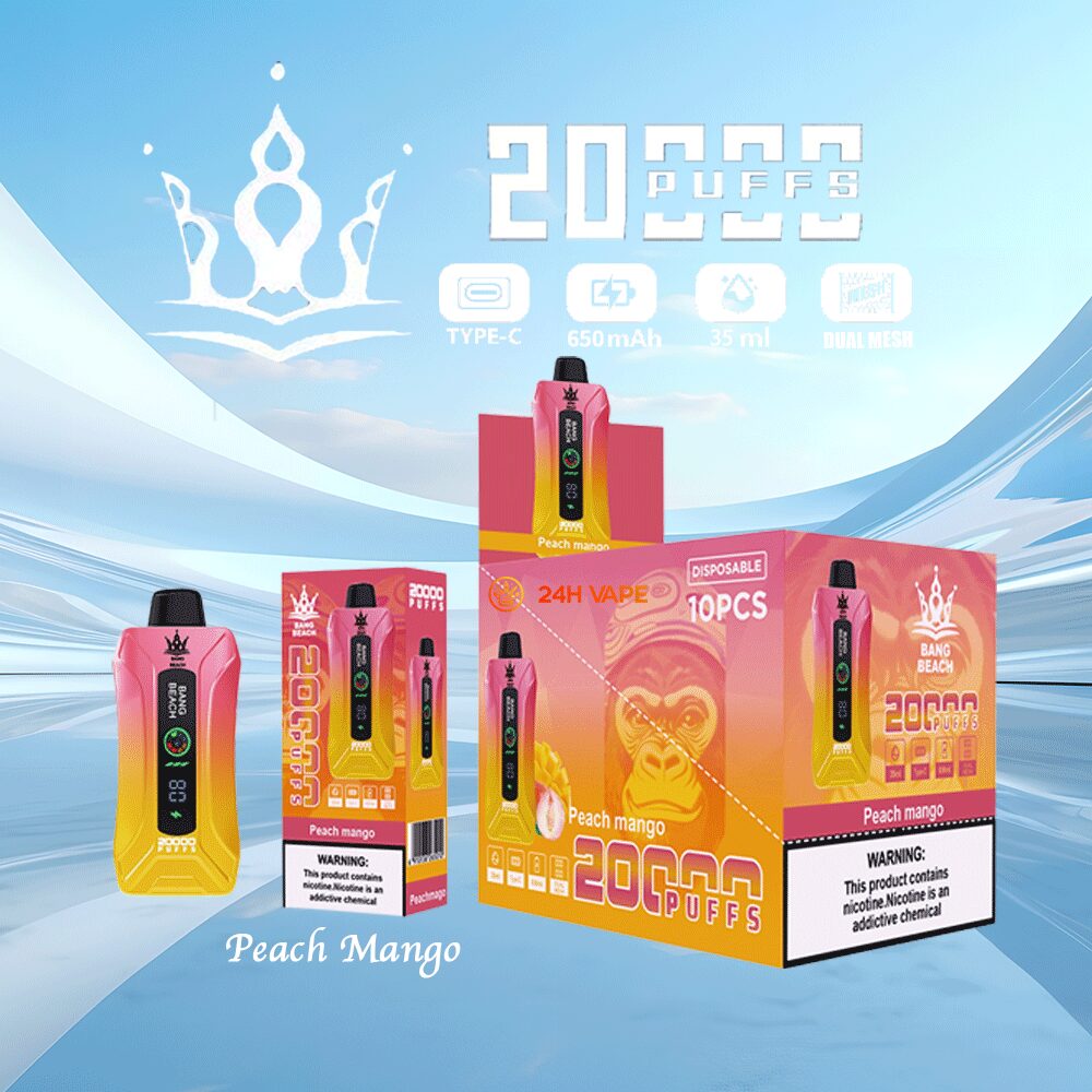 Bang Beach 20000 20K Puffs 0% 2% 3% 5% Nicotine New LED Display Vape Pod in Peach Mango flavor