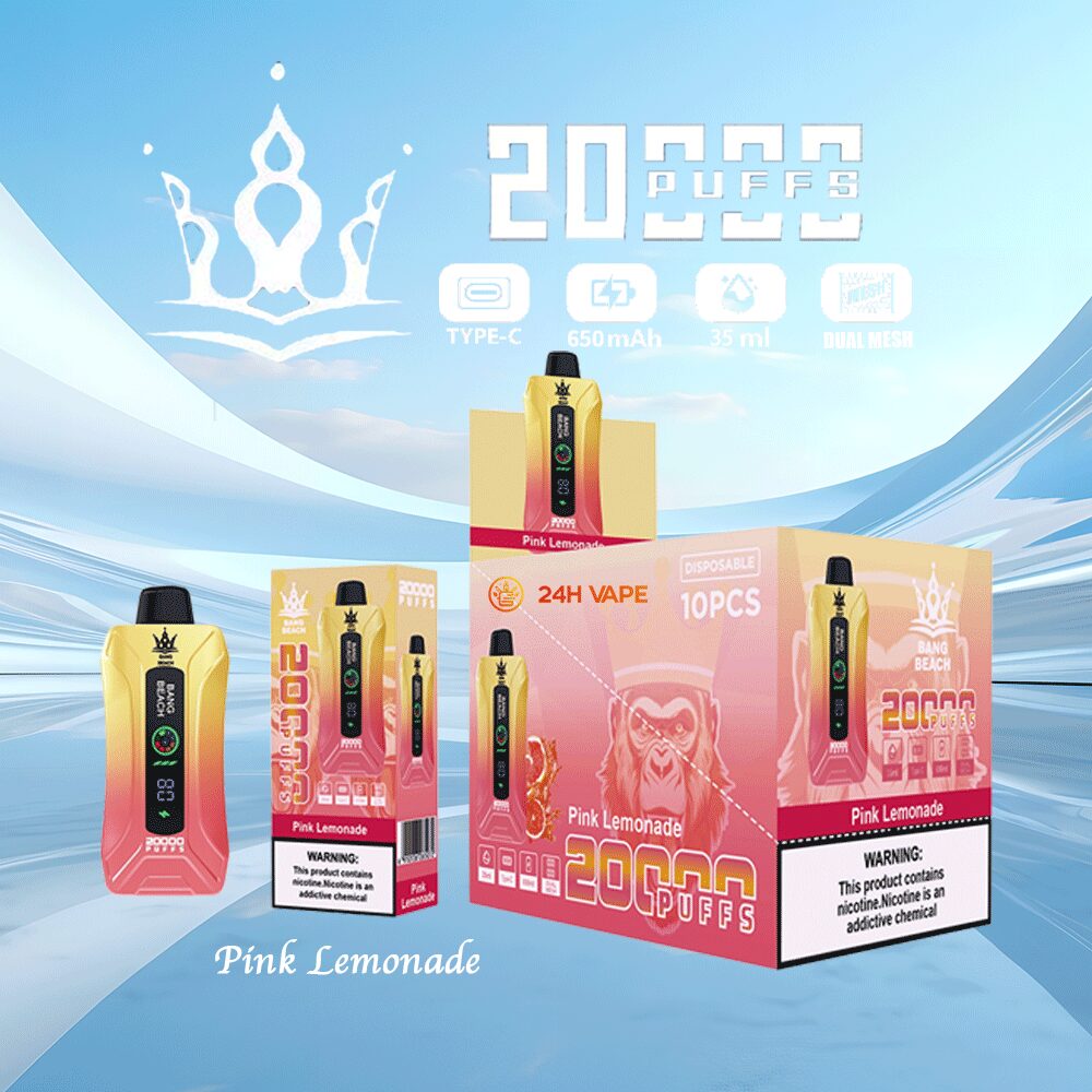 Bang Beach 20000 20K Puffs 0% 2% 3% 5% Nicotine New LED Display Vape Pod in Pink Lemonade flavor