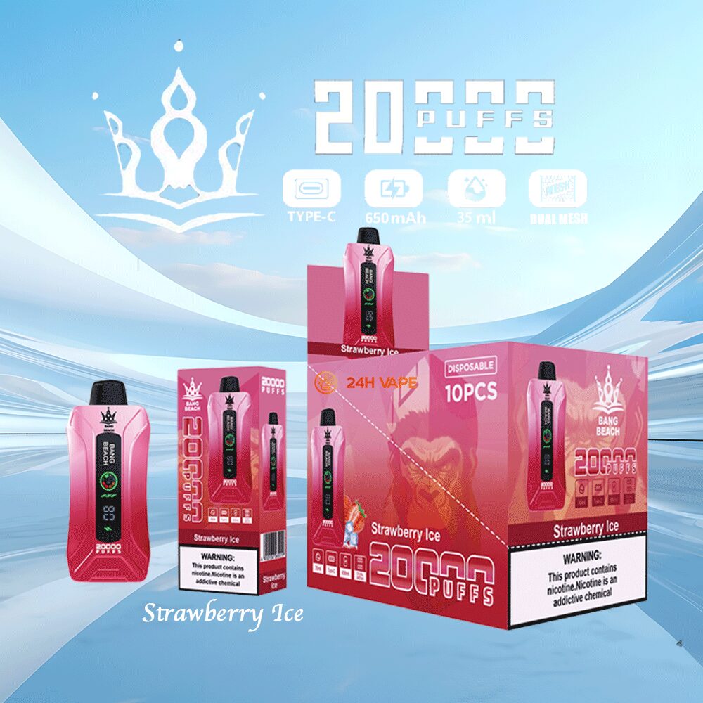 Bang Beach 20000 20K Puffs 0% 2% 3% 5% Nicotine New LED Display Vape Pod in Strawberry Ice flavor