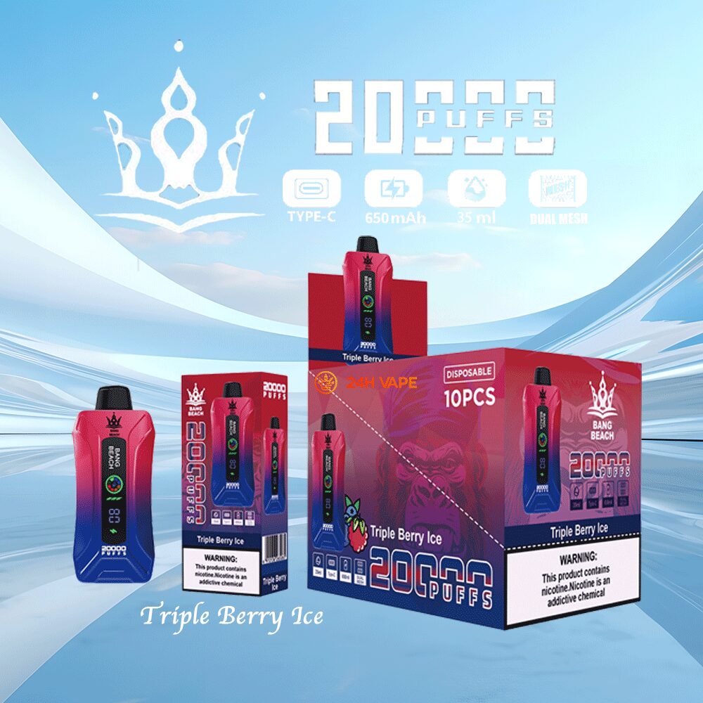 Bang Beach 20000 20K Puffs 0% 2% 3% 5% Nicotine New LED Display Vape Pod in Triple Berry Ice flavor