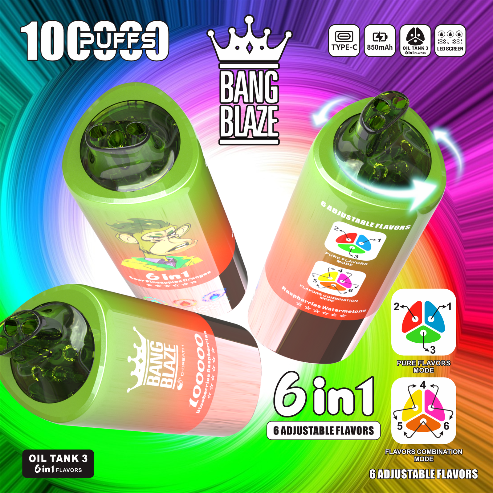 Bang Blaze 100000 100K Puffs 6 in 1 Flavors Rechargeable LED Display Disposable Vape in Blueberries Raspberries & Sour Pineapples Oranges & Raspberries