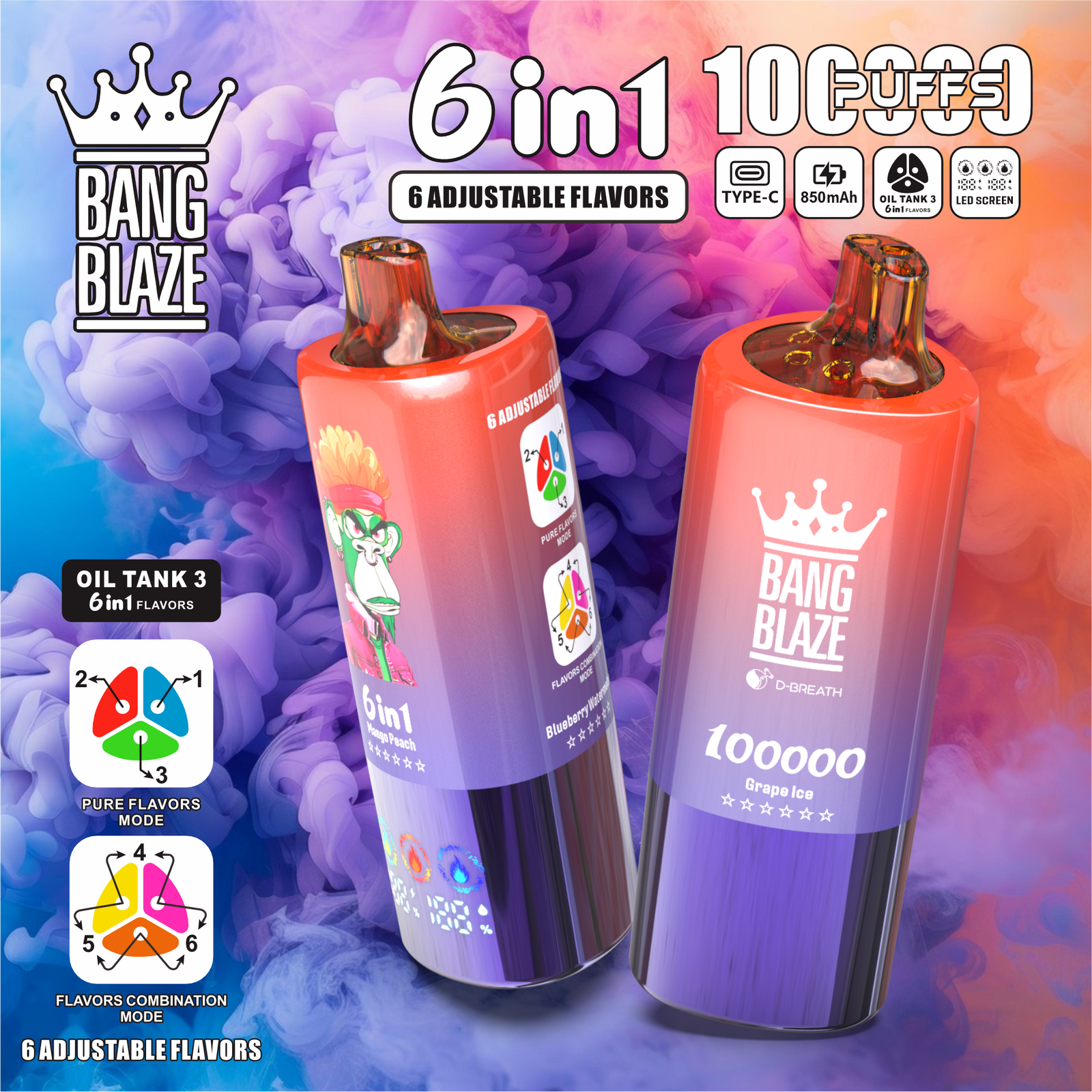 Bang Blaze 100000 100K Puffs 6 in 1 Flavors Rechargeable LED Display Disposable Vape in Fuji Ice & Apple Grape & Cherry Pomegranate flavor