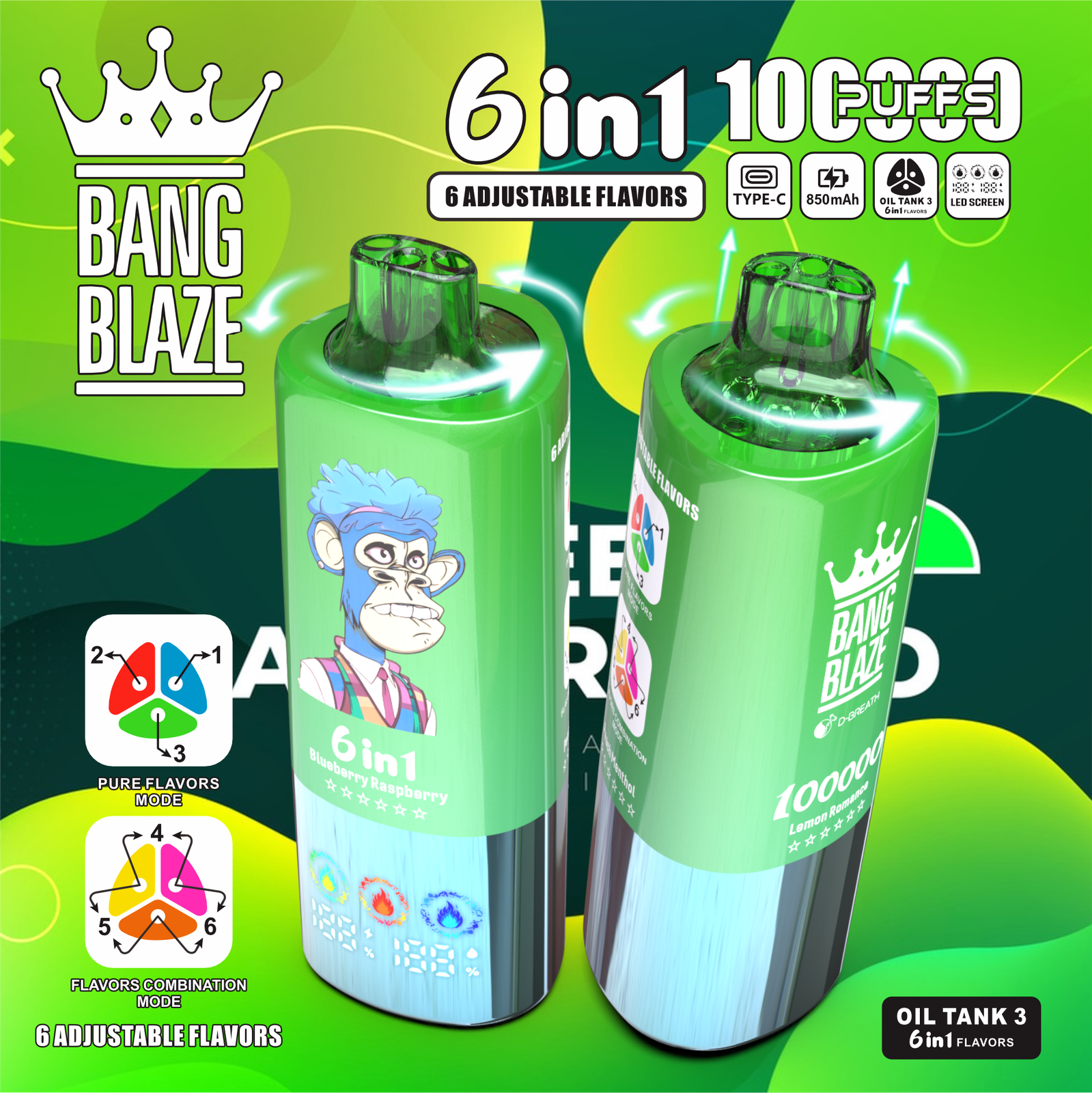 Bang Blaze 100000 100K Puffs 6 in 1 Flavors Rechargeable LED Display Disposable Vape in Lemon Romance & Blueberry Raspberry & Peach Menthol flavor