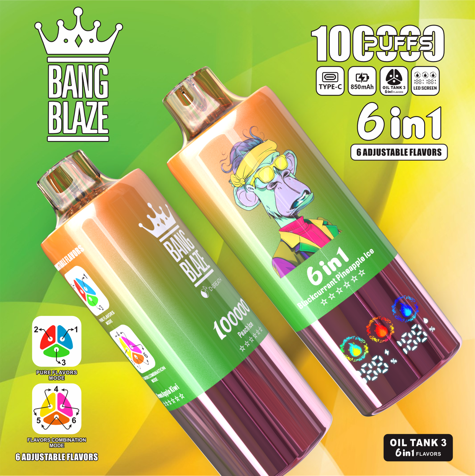 Bang Blaze 100000 100K Puffs 6 in 1 Flavors Rechargeable LED Display Disposable Vape in Peach Ice & Blackcurrant Pineapple Ice & Green Apple Kiwi flavor