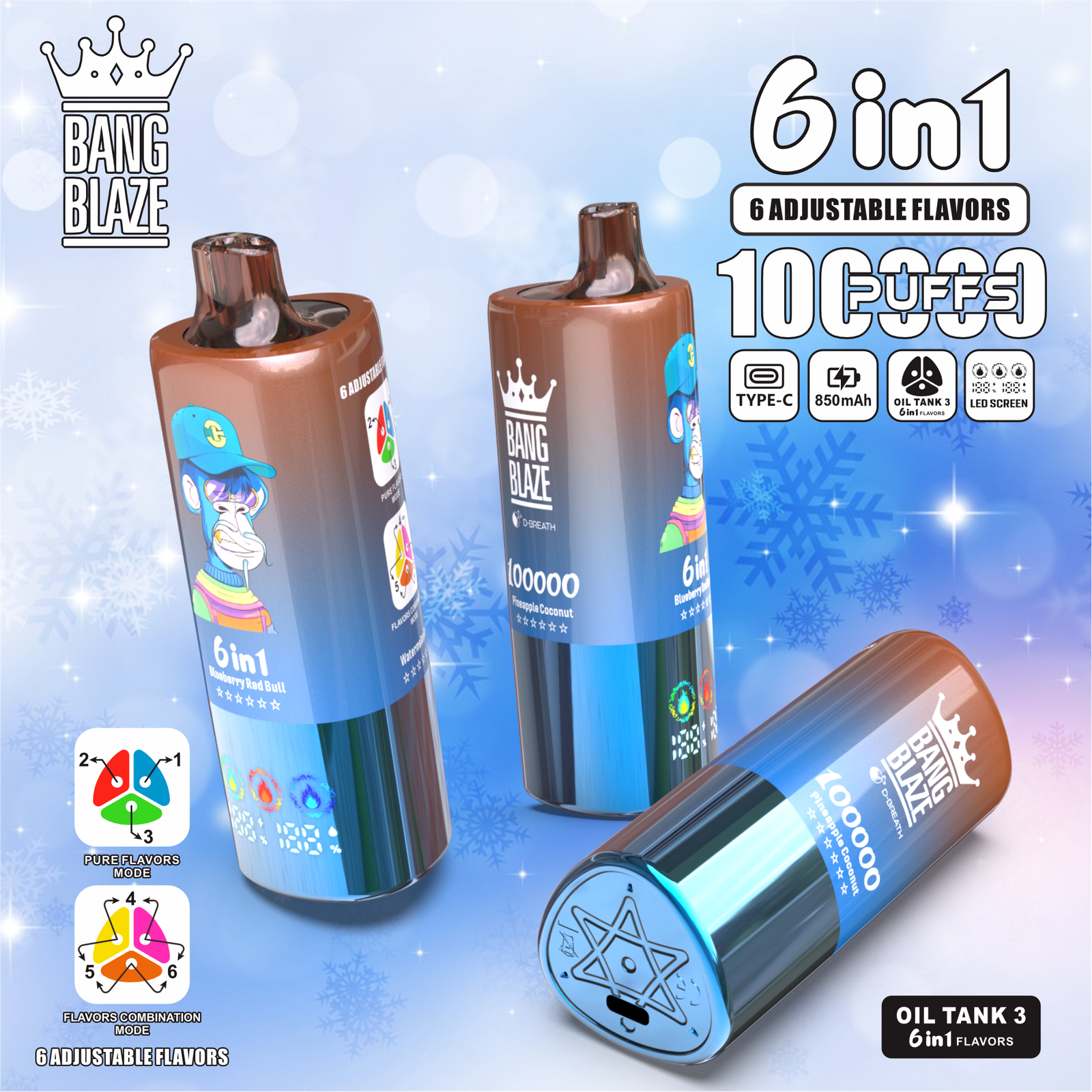 Bang Blaze 100000 100K Puffs 6 in 1 Flavors Rechargeable LED Display Disposable Vape in Pineapple Coconut & Blueberry Red Bull & Watermelon Ice flavor