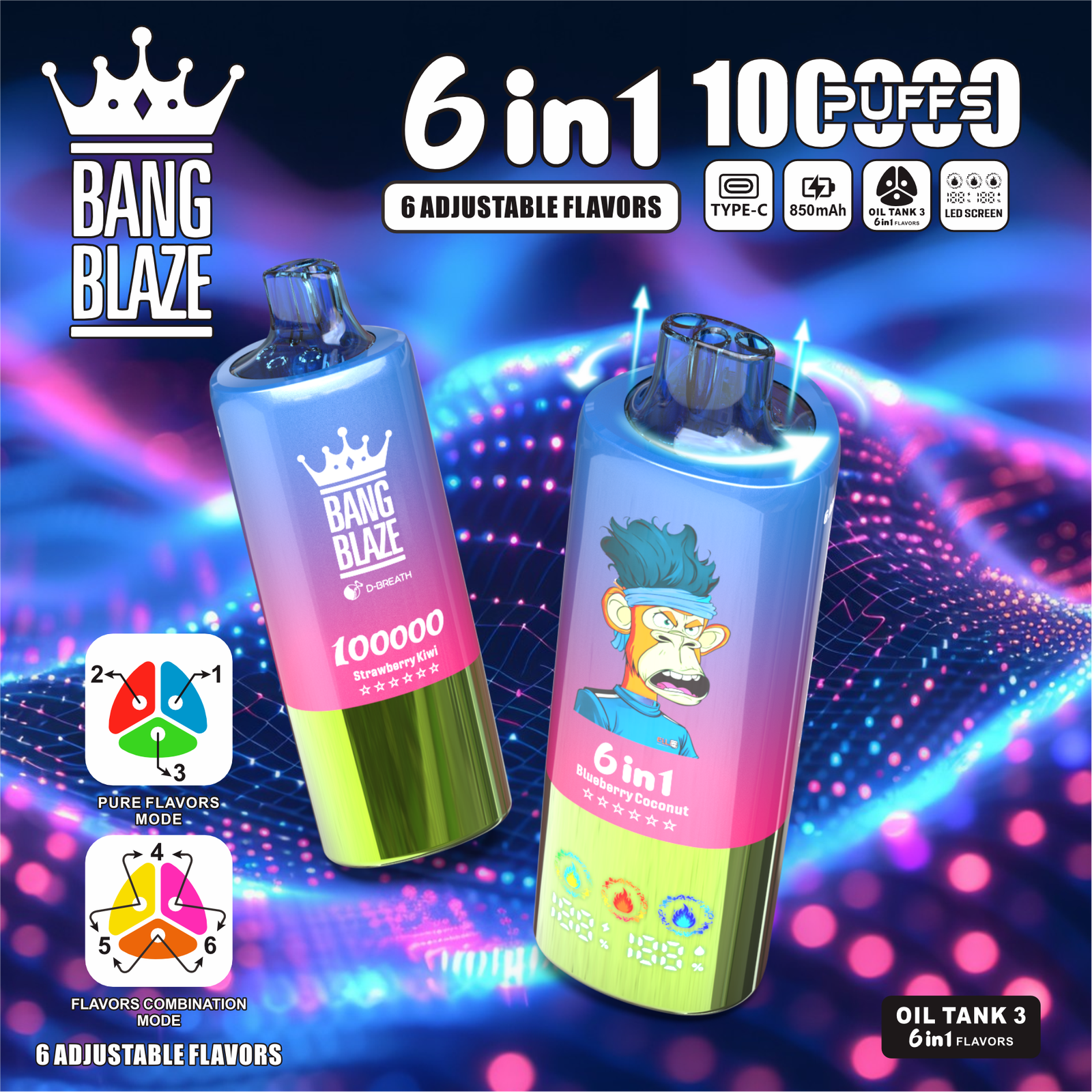 Bang Blaze 100000 100K Puffs 6 in 1 Flavors Rechargeable LED Display Disposable Vape in Random Mix flavor