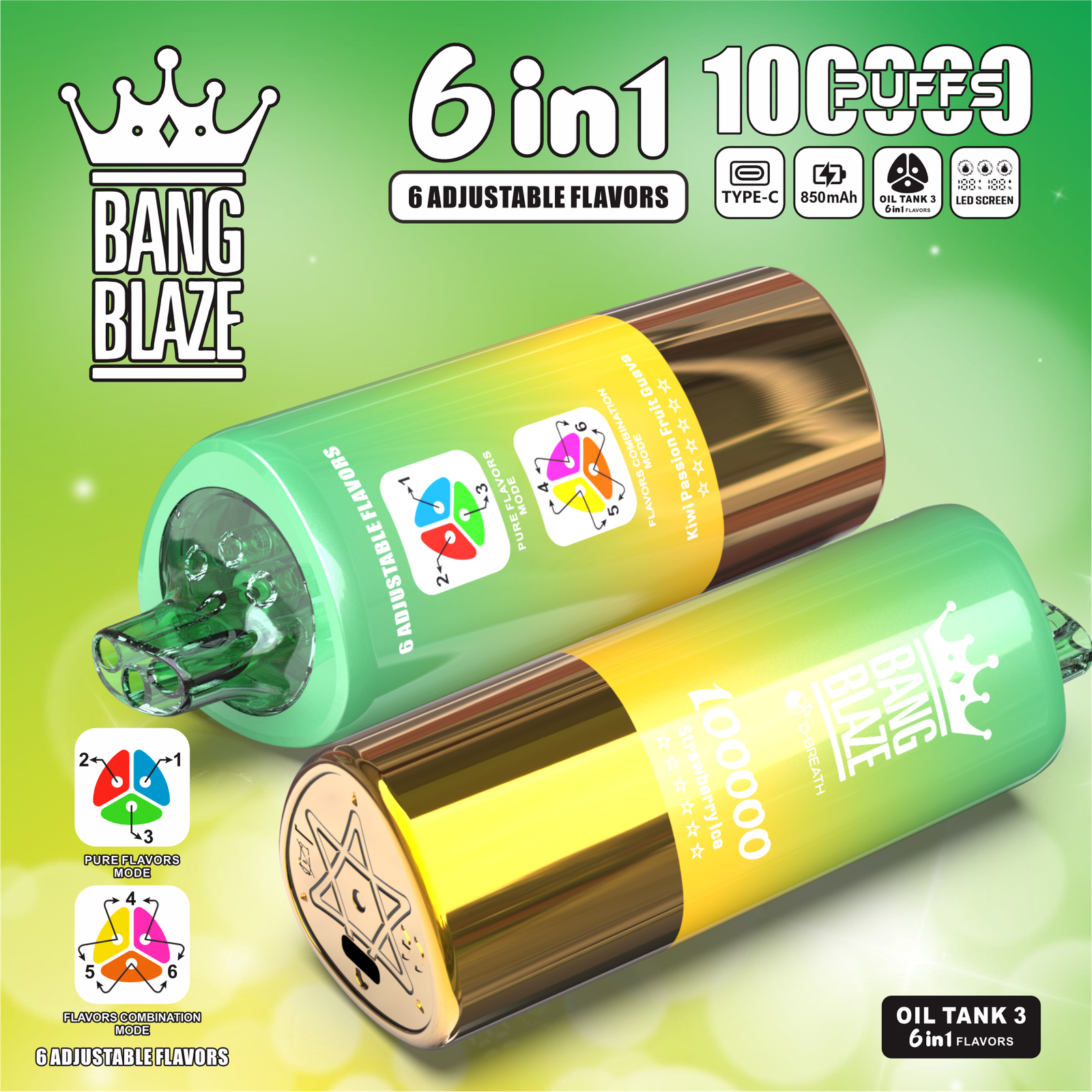 Bang Blaze 100000 100K Puffs 6 in 1 Flavors Rechargeable LED Display Disposable Vape in Strawberry Ice & Peach Lemon & Kiwi Passion Fruit Guava flavor