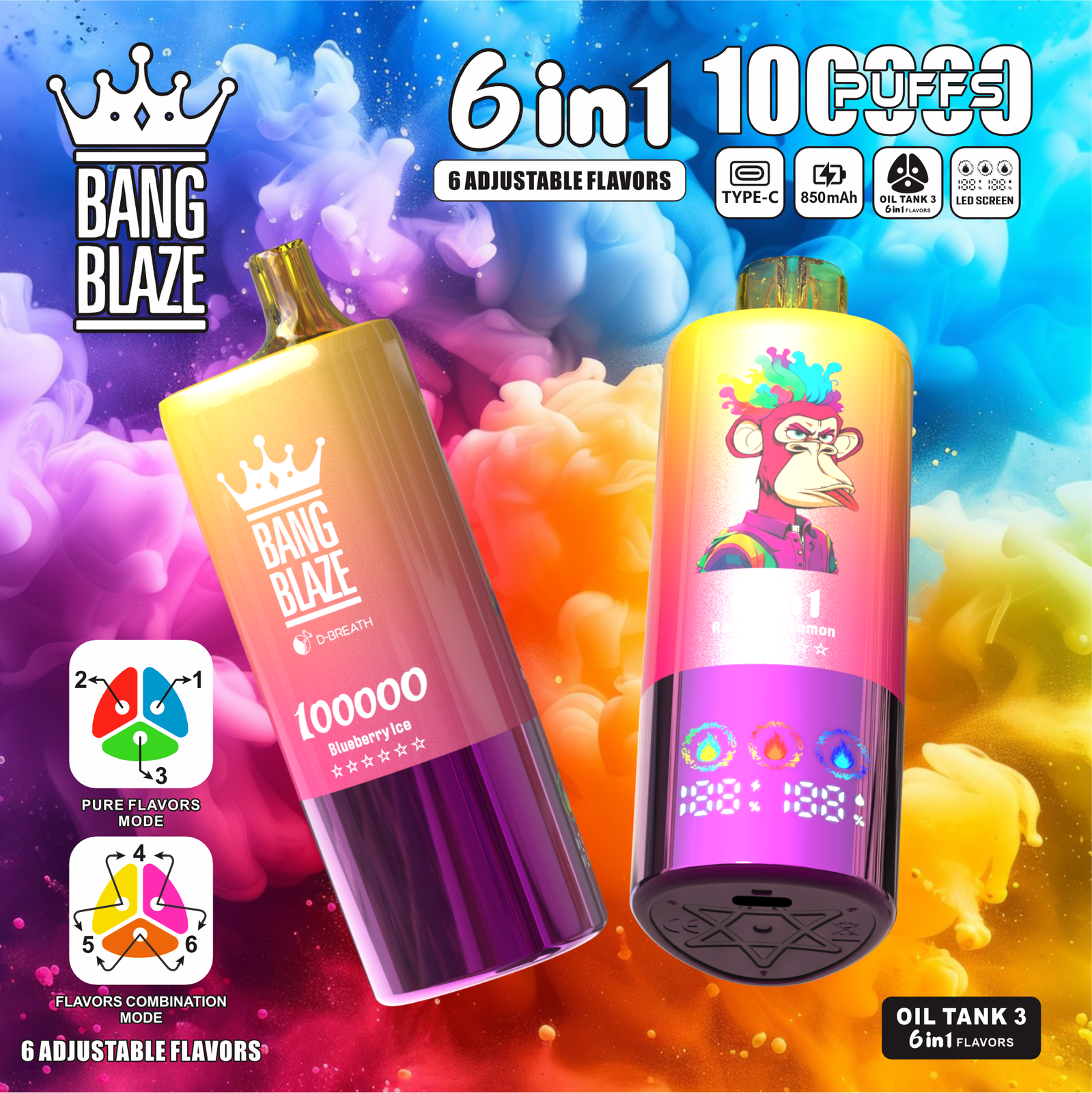 Bang Blaze 100000 100K Puffs 6 in 1 Flavors Rechargeable LED Display Disposable Vape in Watermelon Ice & Strawberry Mamba & Strawberry Watermelon flavor