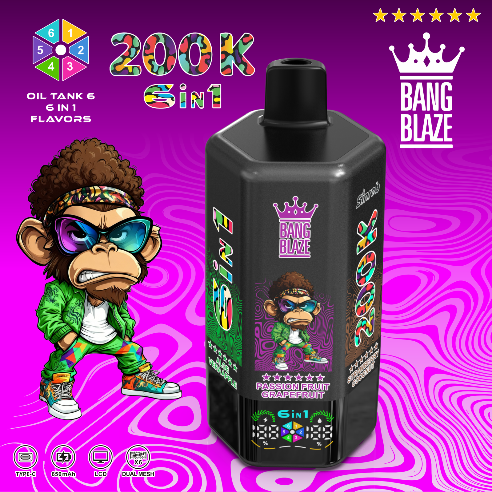 Bang Blaze 200000 200K Puffs 6 in 1 Flavors & 6 oil tanks Rechargeable LCD Display Disposable Vape in bang blaze 200000 200k 6 in 1 flavors banana ice