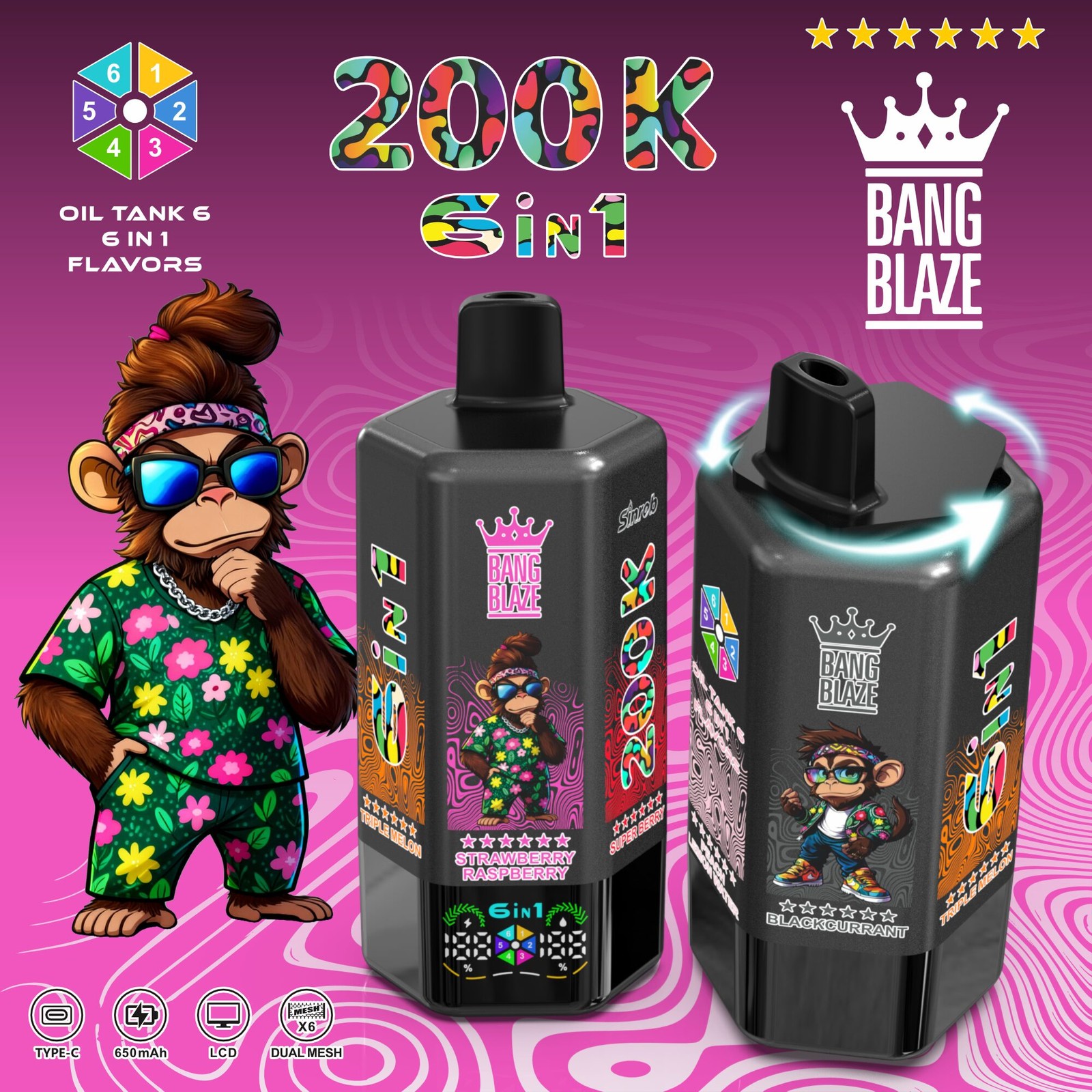 Bang Blaze 200000 200K Puffs 6 in 1 Flavors & 6 oil tanks Rechargeable LCD Display Disposable Vape in bang blaze 200000 200k 6 in 1 flavors blackcurrant