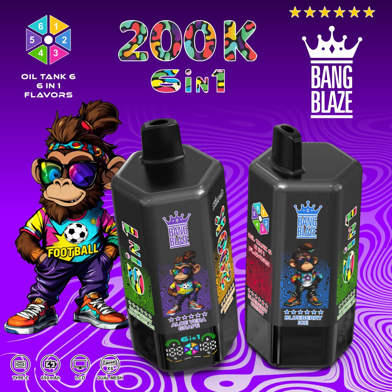 Bang Blaze 200000 200K Puffs 6 in 1 Flavors & 6 oil tanks Rechargeable LCD Display Disposable Vape in bang blaze 200000 200k 6 in 1 flavors blueberry ice