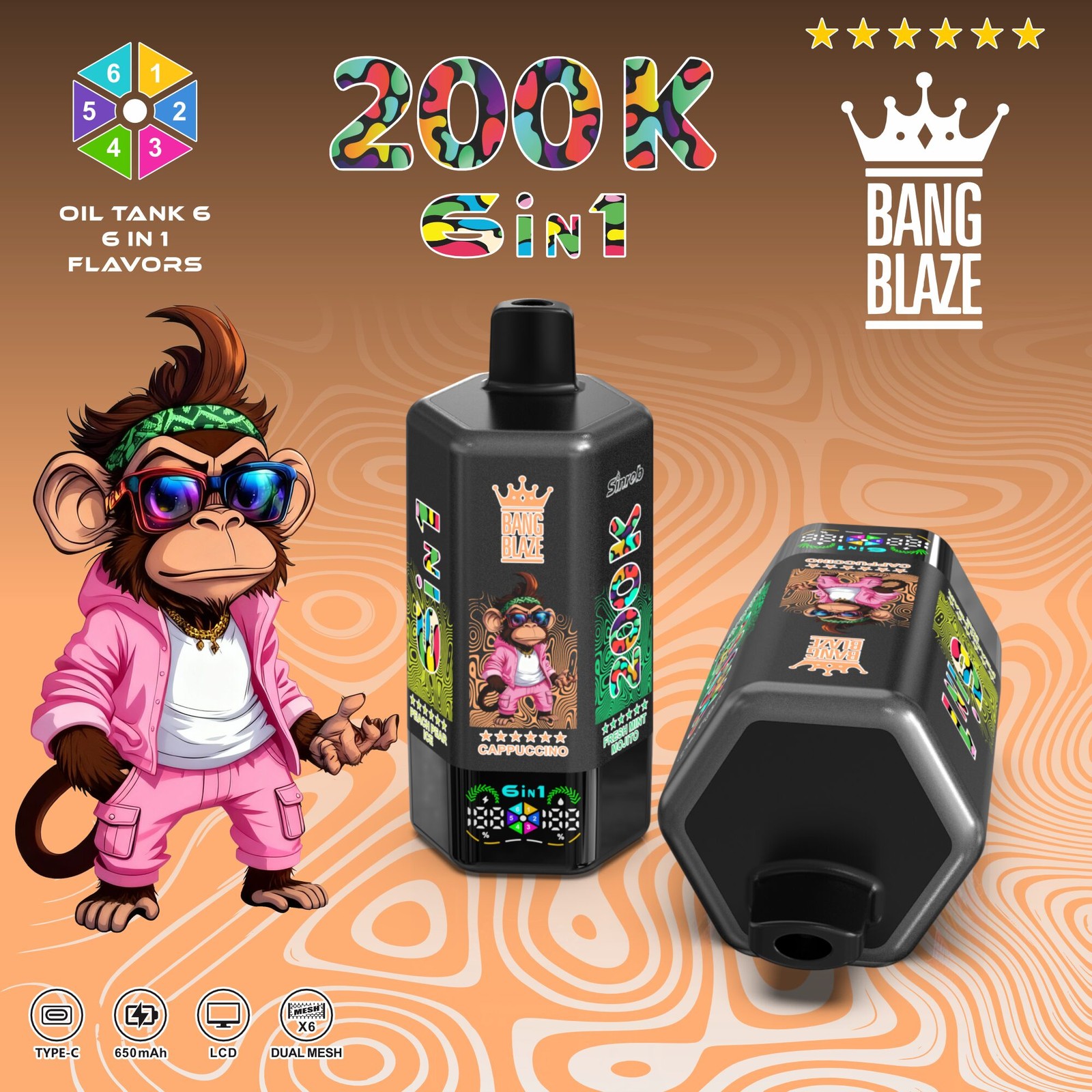Bang Blaze 200000 200K Puffs 6 in 1 Flavors & 6 oil tanks Rechargeable LCD Display Disposable Vape in bang blaze 200000 200k 6 in 1 flavors cherry ice