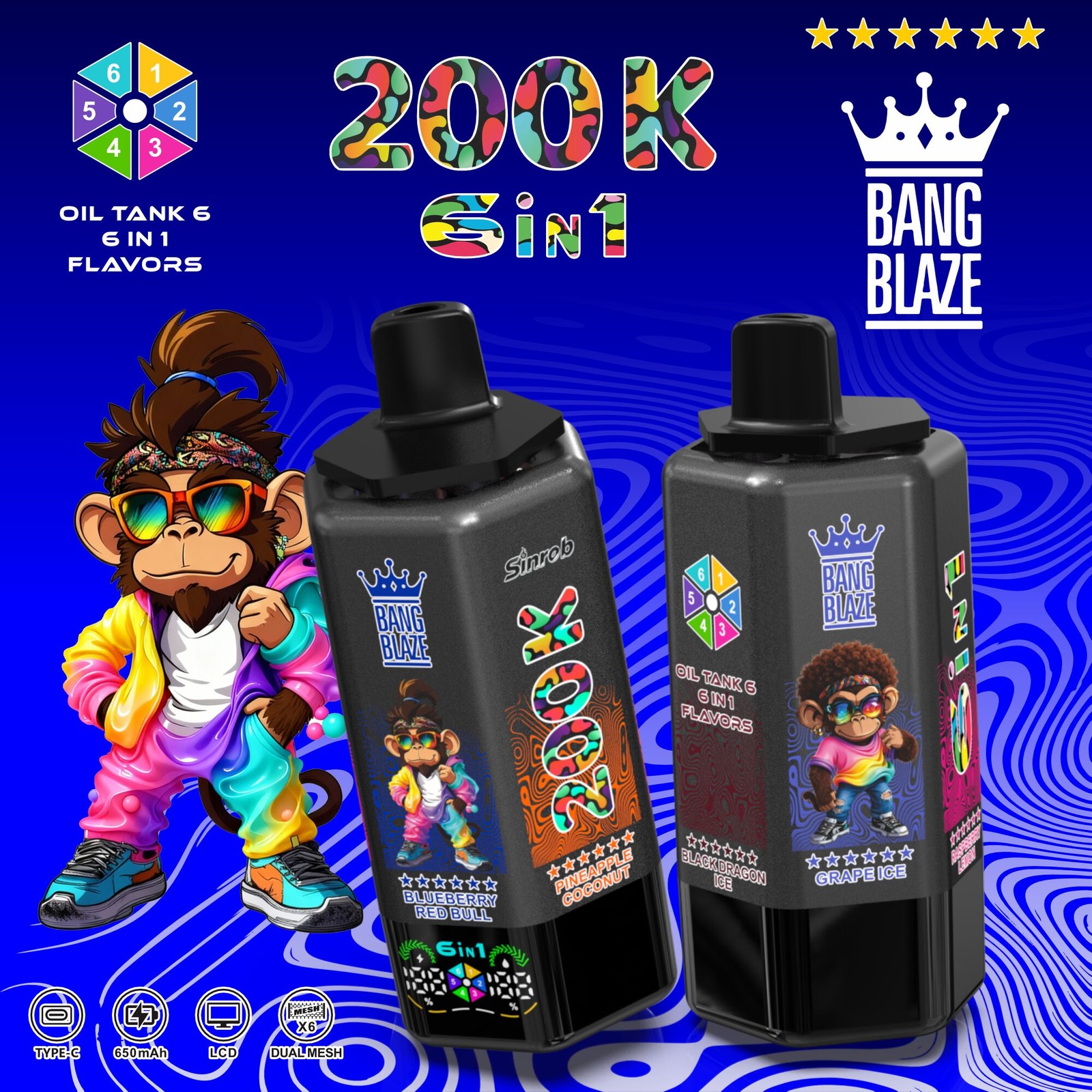Bang Blaze 200000 200K Puffs 6 in 1 Flavors & 6 oil tanks Rechargeable LCD Display Disposable Vape in bang blaze 200000 200k 6 in 1 flavors grape ice