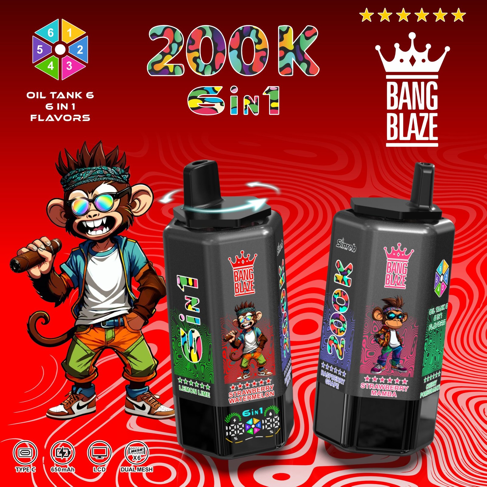Bang Blaze 200000 200K Puffs 6 in 1 Flavors & 6 oil tanks Rechargeable LCD Display Disposable Vape in bang blaze 200000 200k 6 in 1 flavors peach ice