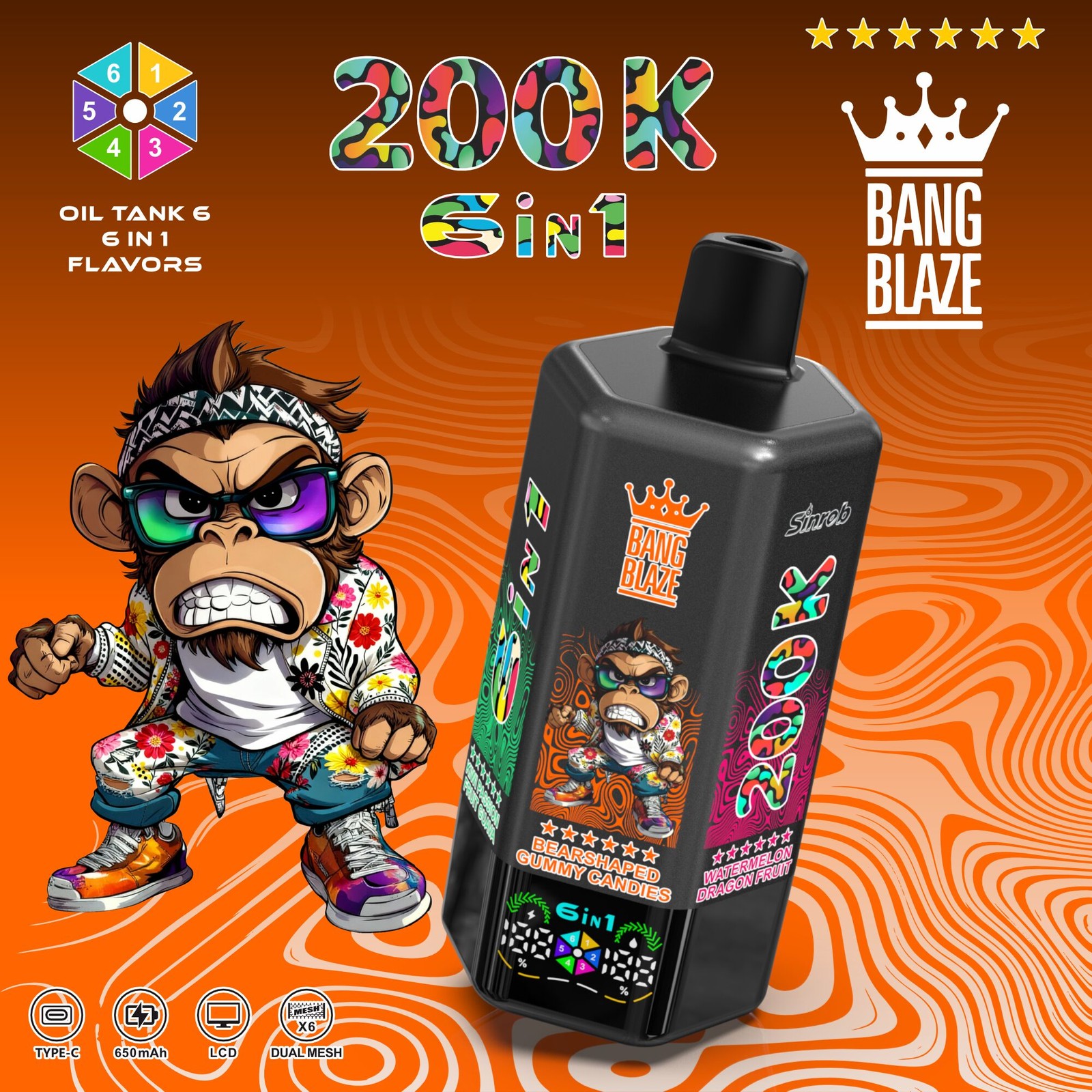 Bang Blaze 200000 200K Puffs 6 in 1 Flavors & 6 oil tanks Rechargeable LCD Display Disposable Vape in bang blaze 200000 200k 6 in 1 flavors pineapple ice