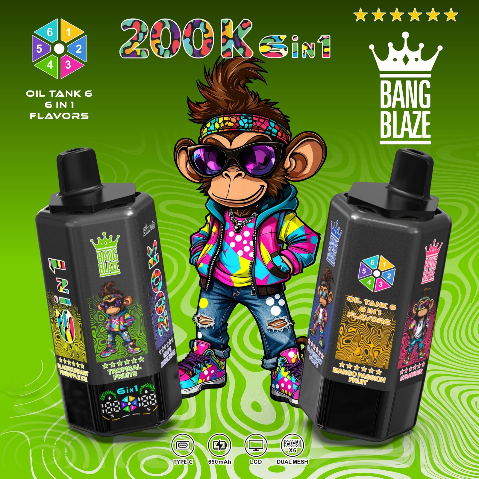 Bang Blaze 200000 200K Puffs 6 in 1 Flavors & 6 oil tanks Rechargeable LCD Display Disposable Vape in bang blaze 200000 200k 6 in 1 flavors strawberry