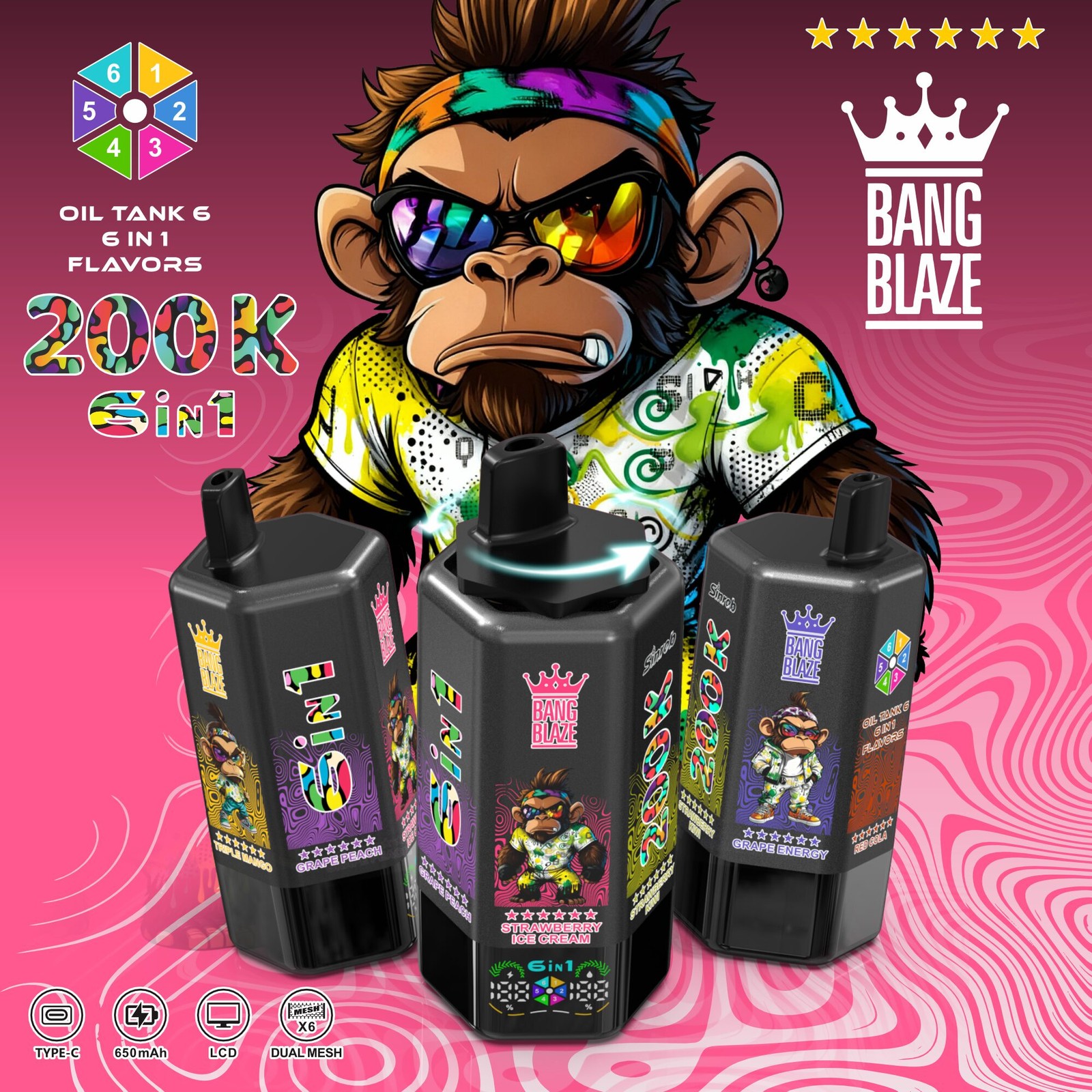 Bang Blaze 200000 200K Puffs 6 in 1 Flavors & 6 oil tanks Rechargeable LCD Display Disposable Vape in bang blaze 200000 200k 6 in 1 flavors triple mango