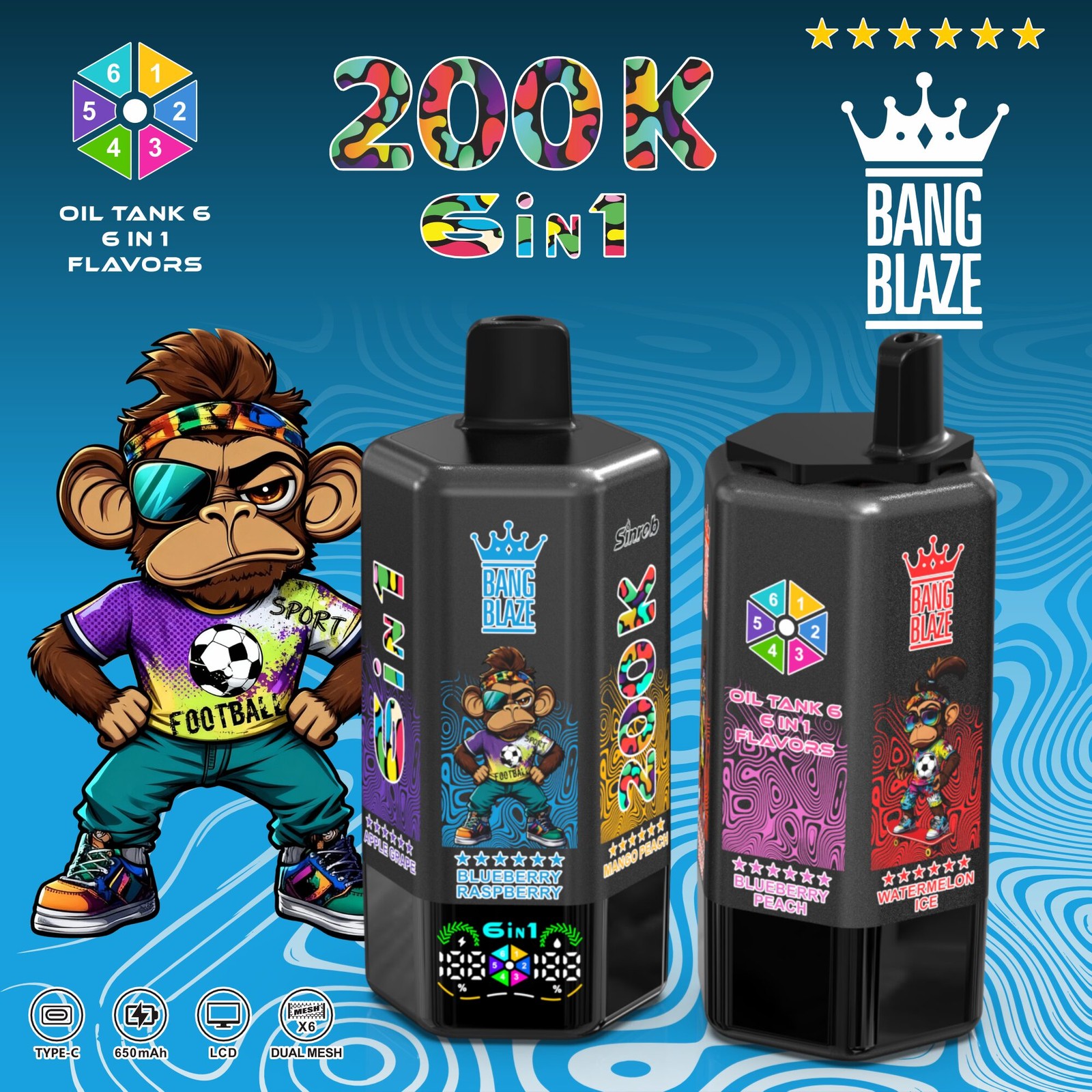 Bang Blaze 200000 200K Puffs 6 in 1 Flavors & 6 oil tanks Rechargeable LCD Display Disposable Vape in bang blaze 200000 200k 6 in 1 flavors watermelon ice