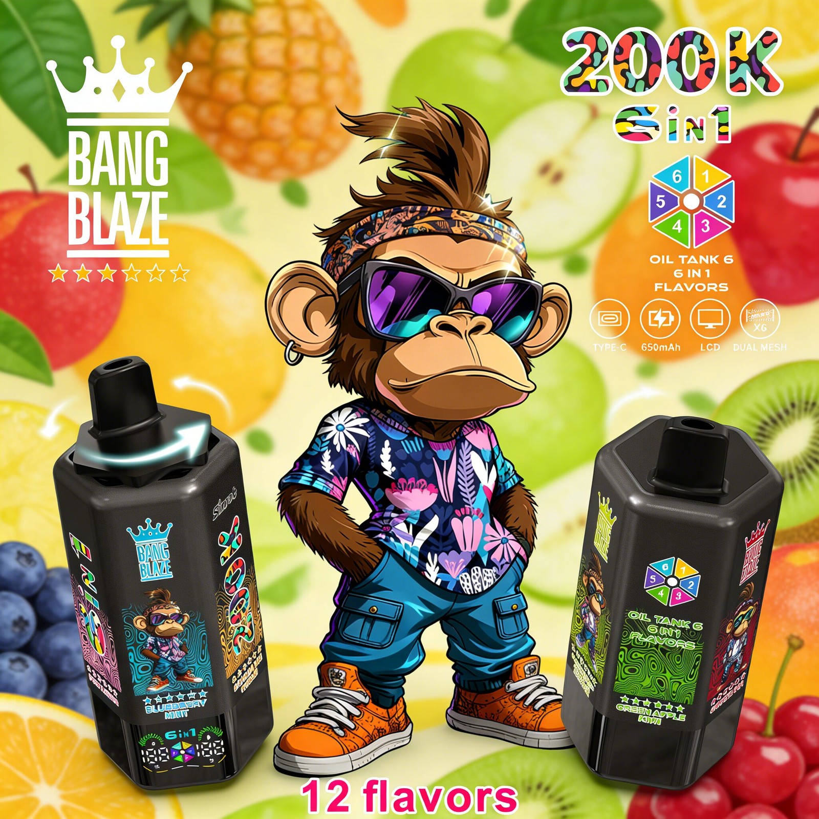 Bang Blaze 200000 200K Puffs 6 in 1 Flavors & 6 oil tanks Rechargeable LCD Display Disposable Vape product image