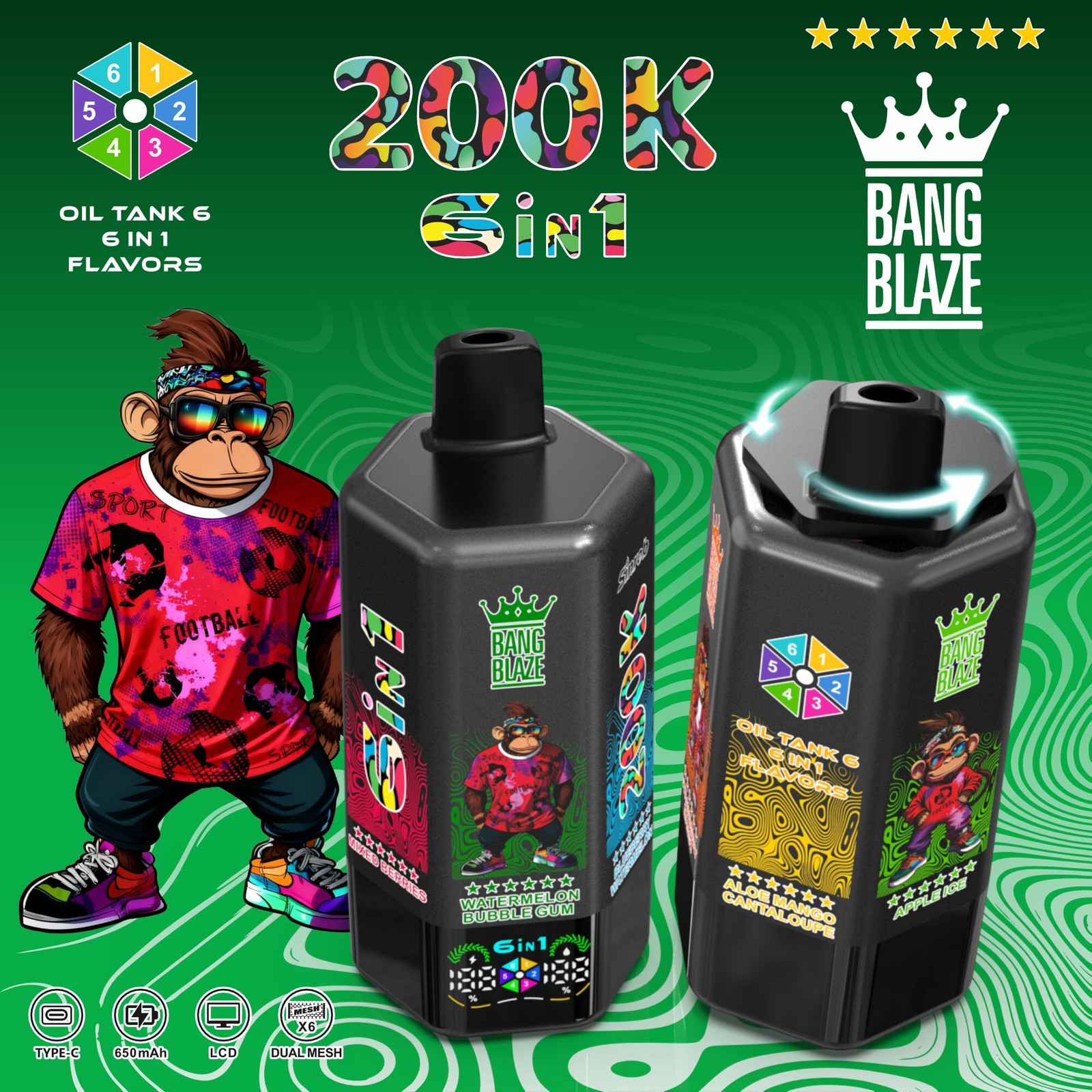 Bang Blaze 200000 200K Puffs 6 in 1 Flavors & 6 oil tanks Rechargeable LCD Display Disposable Vape in Random Mix flavor