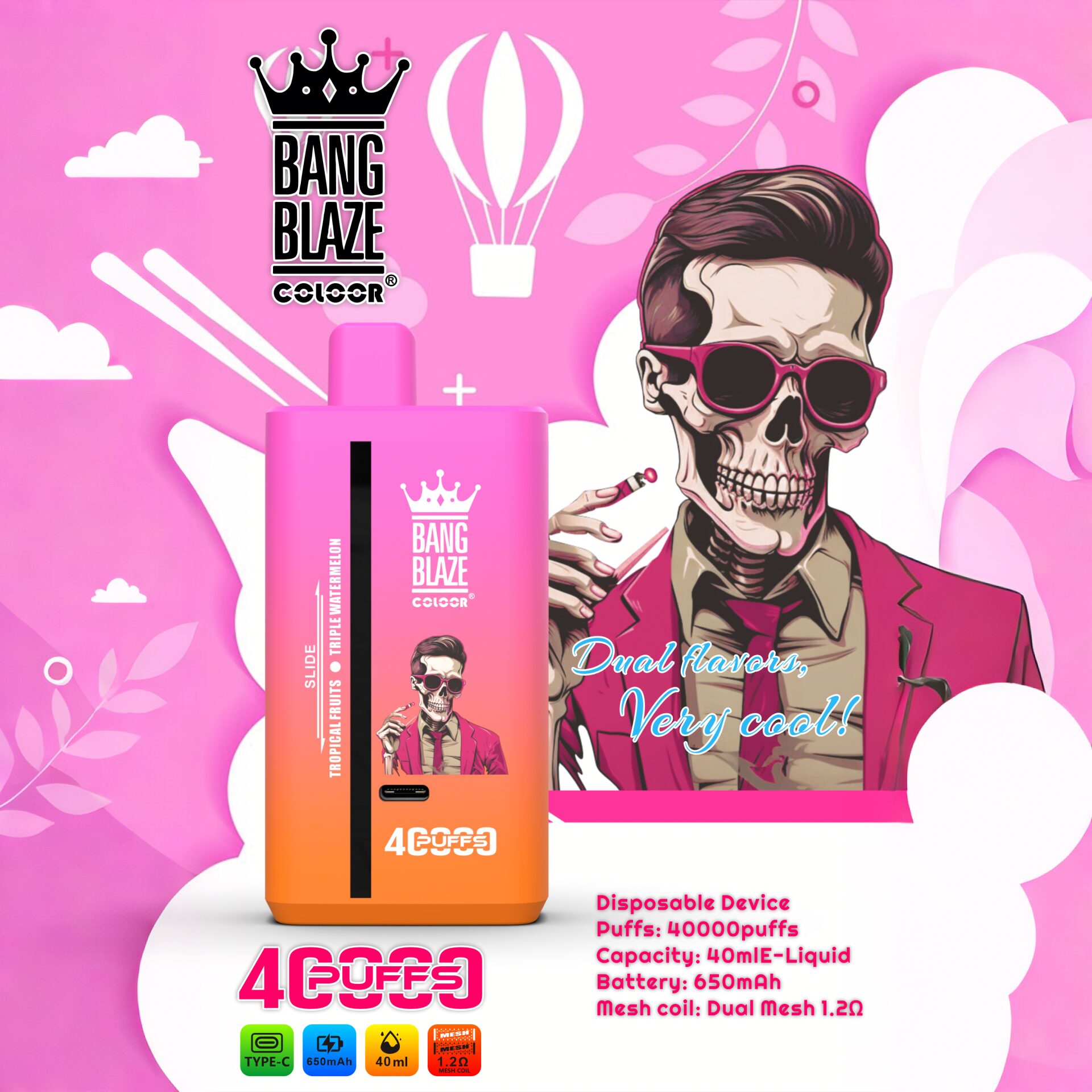 Bang Blaze 40000 40K Puffs 2% 3% 5% Nicotine Double Taste Disposable Vape in Watermelon & Watermelon Bubblegum flavor