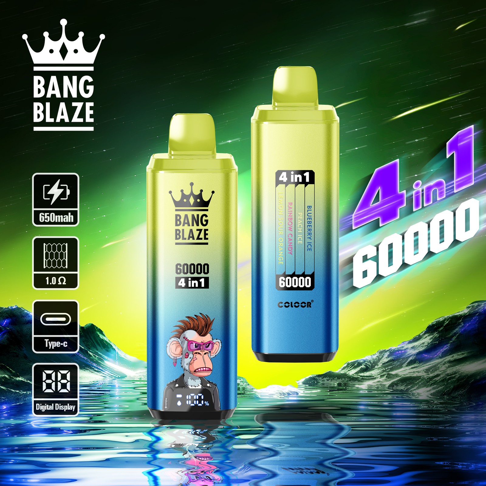 Bang Blaze 60000 60k Puffs 4 in 1 Flavors Rechargeable LCD Display Disposable Vape in Blueberry Ice & Peach Ice & Rainbow Candy & Lemon Sour Orange flavor