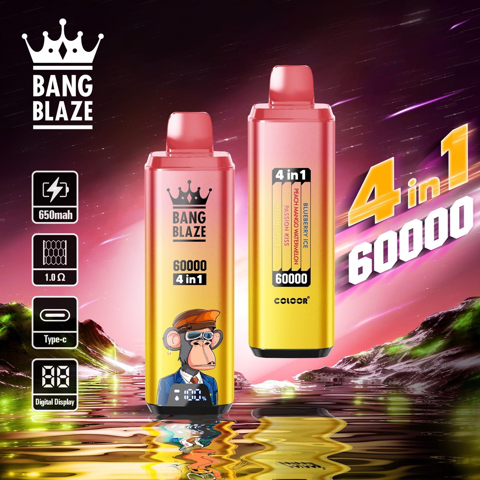 Bang Blaze 60000 60k Puffs 4 in 1 Flavors Rechargeable LCD Display Disposable Vape in Blueberry Ice & Peach Mango Watermelon & Passion Kiss & Melon Apple