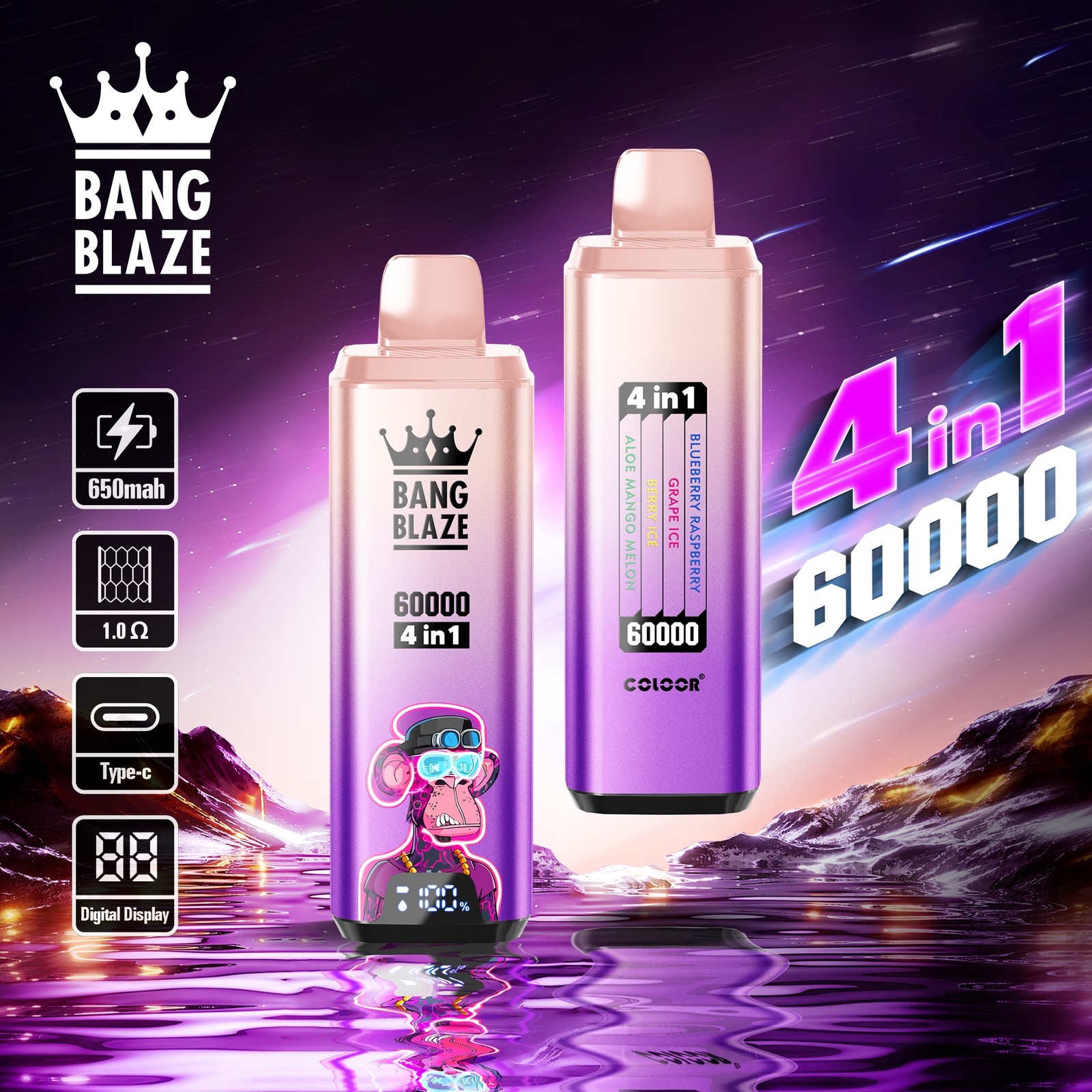 Bang Blaze 60000 60k Puffs 4 in 1 Flavors Rechargeable LCD Display Disposable Vape in Blueberry Raspberry & Grape Ice & Berry Ice & Aloe Mango Melon flavor