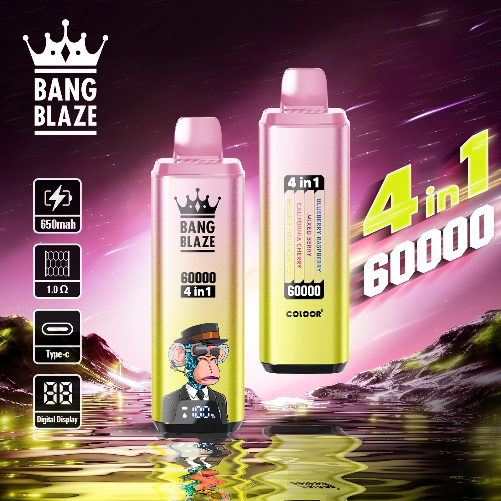 Bang Blaze 60000 60k Puffs 4 in 1 Flavors Rechargeable LCD Display Disposable Vape in Blueberry Raspberry & Mixed Berry & California Cherry & Passion