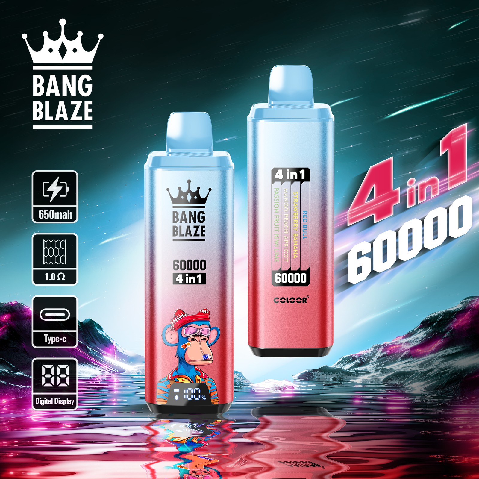 Bang Blaze 60000 60k Puffs 4 in 1 Flavors Rechargeable LCD Display Disposable Vape in Energy Drink & Strawberry Banana & Mango Peach Apricot & Passion
