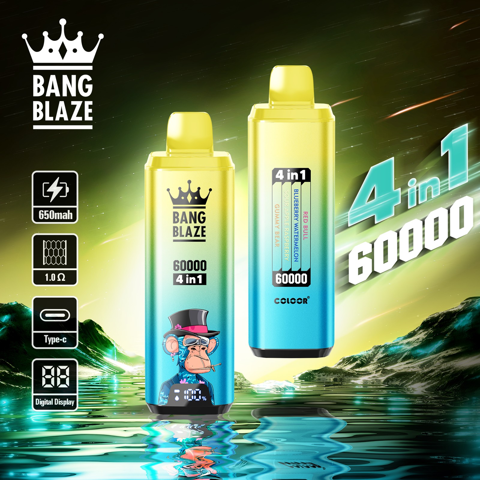 Bang Blaze 60000 60k Puffs 4 in 1 Flavors Rechargeable LCD Display Disposable Vape in Energy Drink Blueberry Watermelon & Sour Apple Raspberry & Gummy