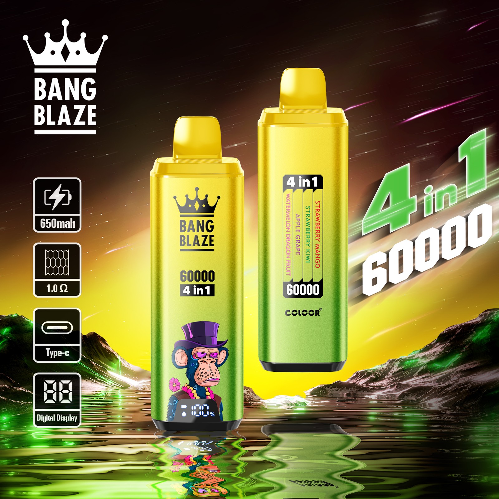 Bang Blaze 60000 60k Puffs 4 in 1 Flavors Rechargeable LCD Display Disposable Vape in Strawberry Mango & Strawberry Kiwi & Apple Grape & Watermelon Dragon