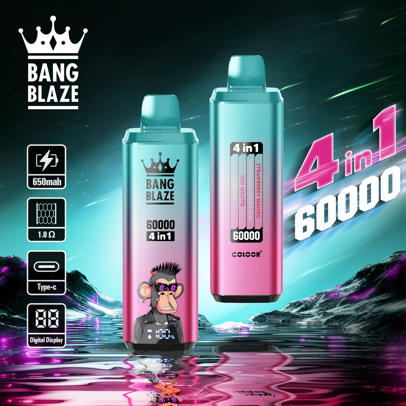 Bang Blaze 60000 60k Puffs 4 in 1 Flavors Rechargeable LCD Display Disposable Vape in Strawberry Mango & Watermelon Bubble Gum & Red Mojito & Love 66