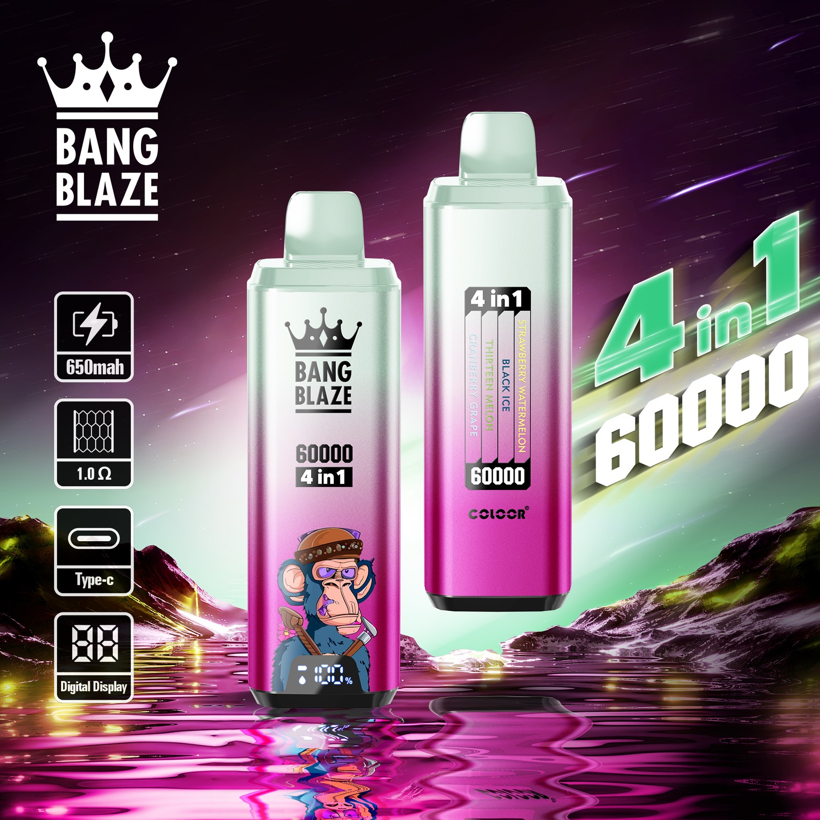 Bang Blaze 60000 60k Puffs 4 in 1 Flavors Rechargeable LCD Display Disposable Vape in Strawberry Watermelon & Black Ice & Thirteen Melon & Cranberry Grape