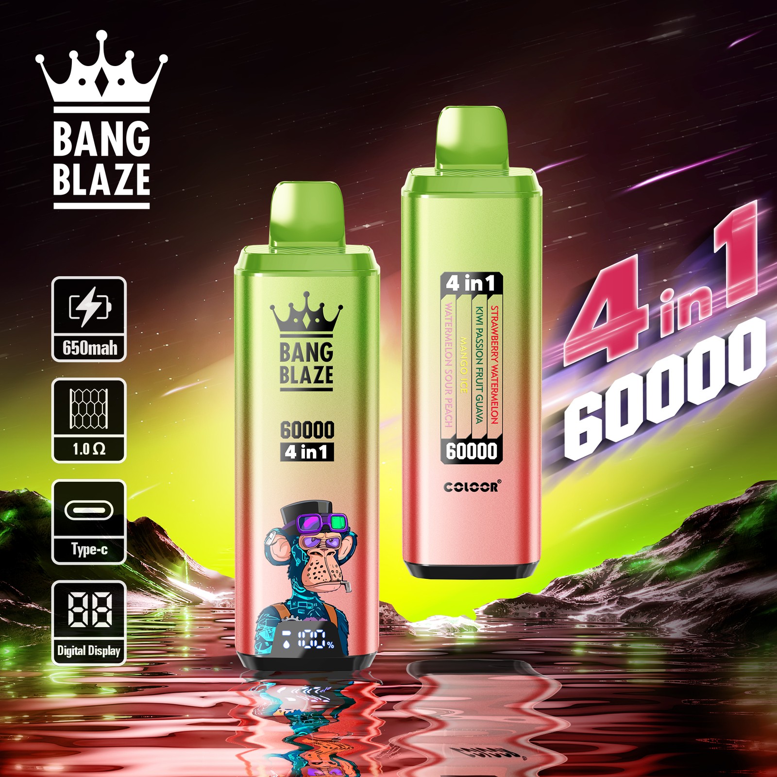 Bang Blaze 60000 60k Puffs 4 in 1 Flavors Rechargeable LCD Display Disposable Vape product detail image