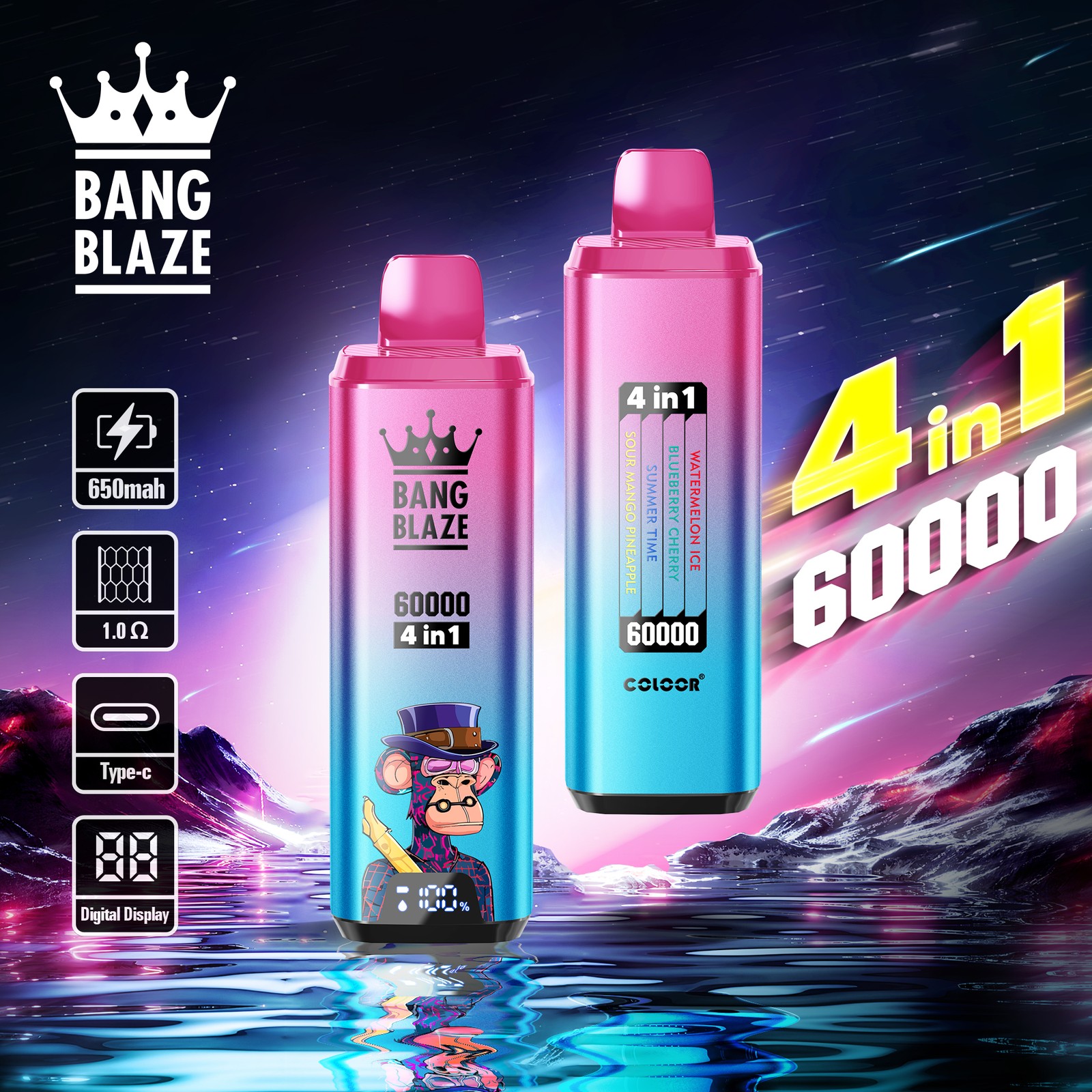 Bang Blaze 60000 60k Puffs 4 in 1 Flavors Rechargeable LCD Display Disposable Vape in Watermelon Ice & Blueberry Cherry & Summer Time & Sour Mango