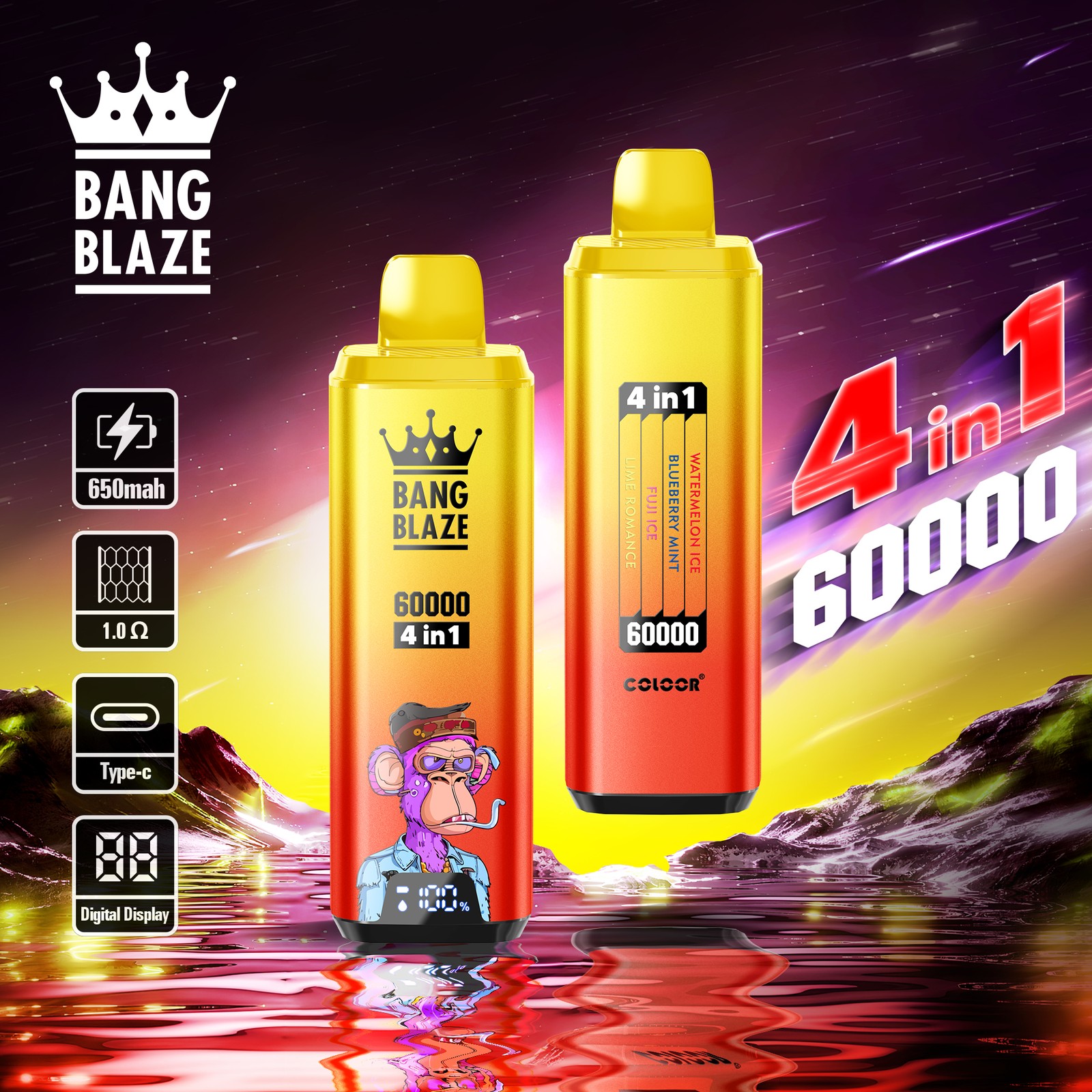Bang Blaze 60000 60k Puffs 4 in 1 Flavors Rechargeable LCD Display Disposable Vape in Watermelon Ice & Blueberry Mint & Fuii Ice & Lime Romance flavor