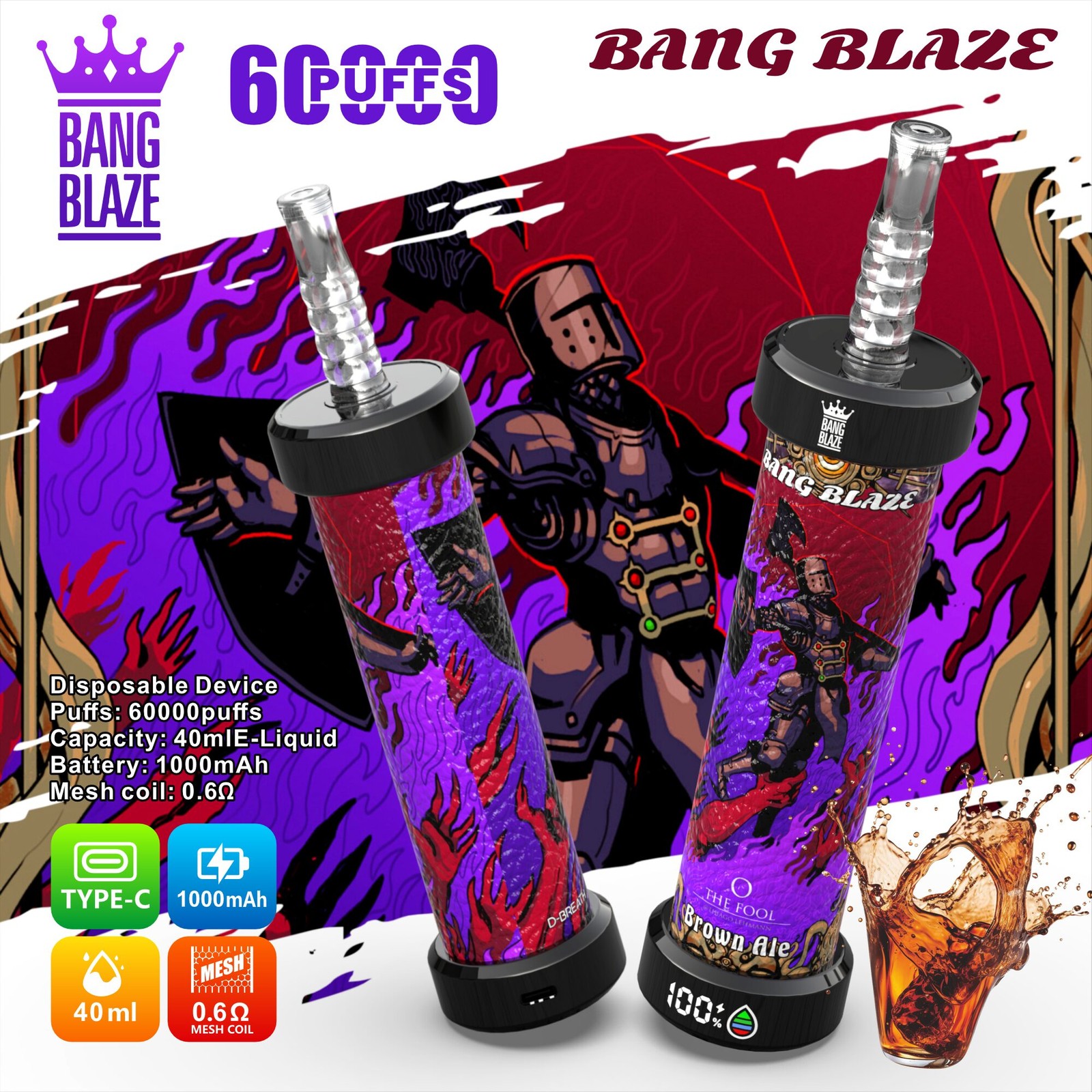 Bang Blaze 60k 60000 Puffs LCD Display Disposable in bang blaze 60k 60000 brown ale flavor