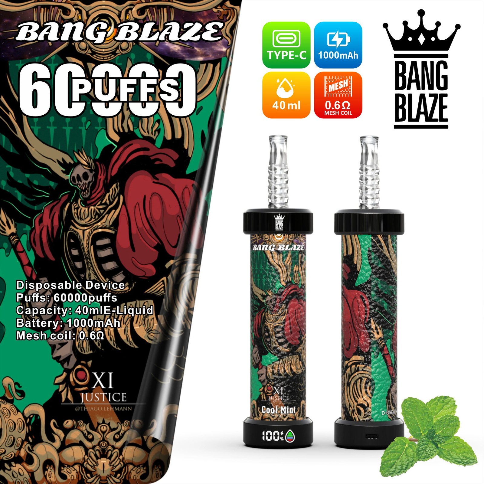 Bang Blaze 60k 60000 Puffs LCD Display Disposable in bang blaze 60k 60000 cool mint flavor