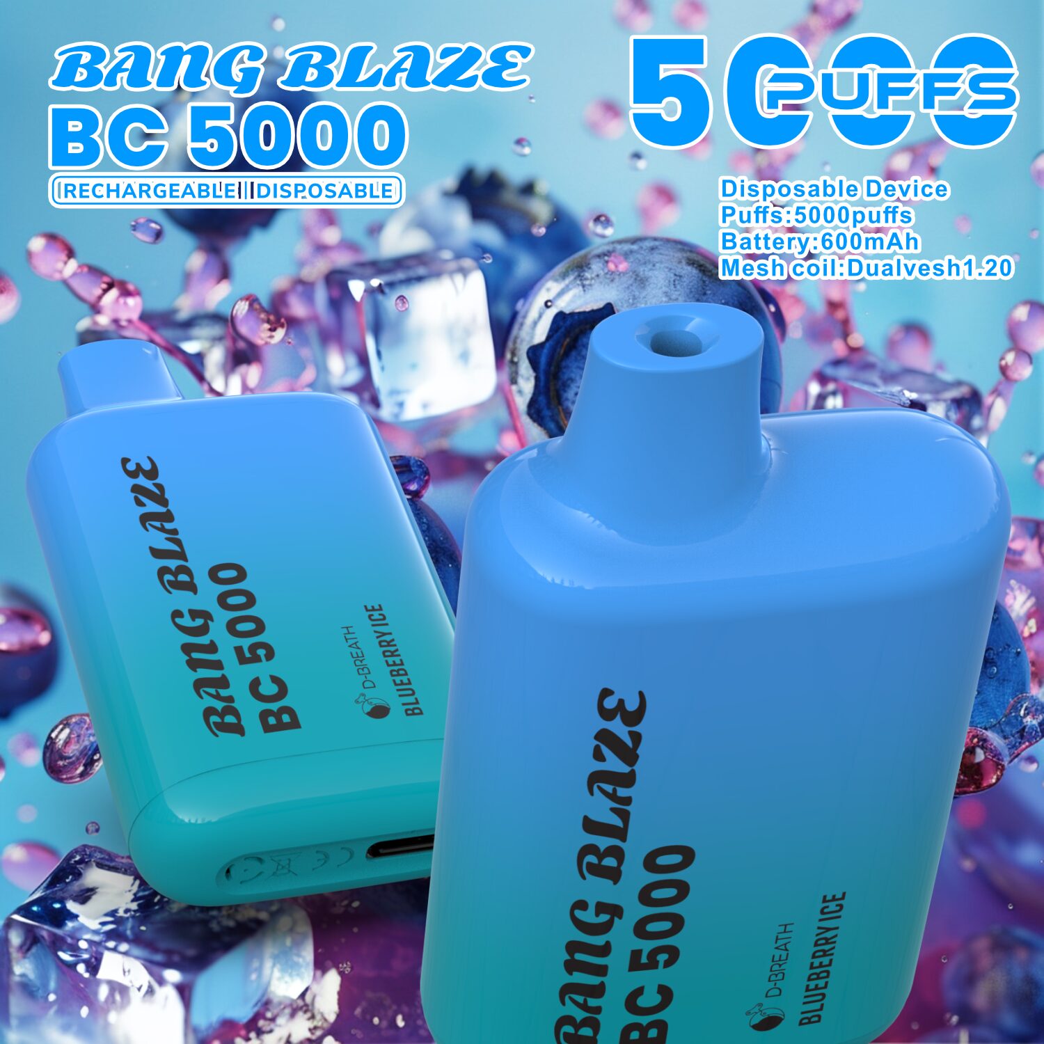 Bang Blaze BC5000 5K Puffs 2% 3% 5% Disposable Vape in Blueberry Ice flavor