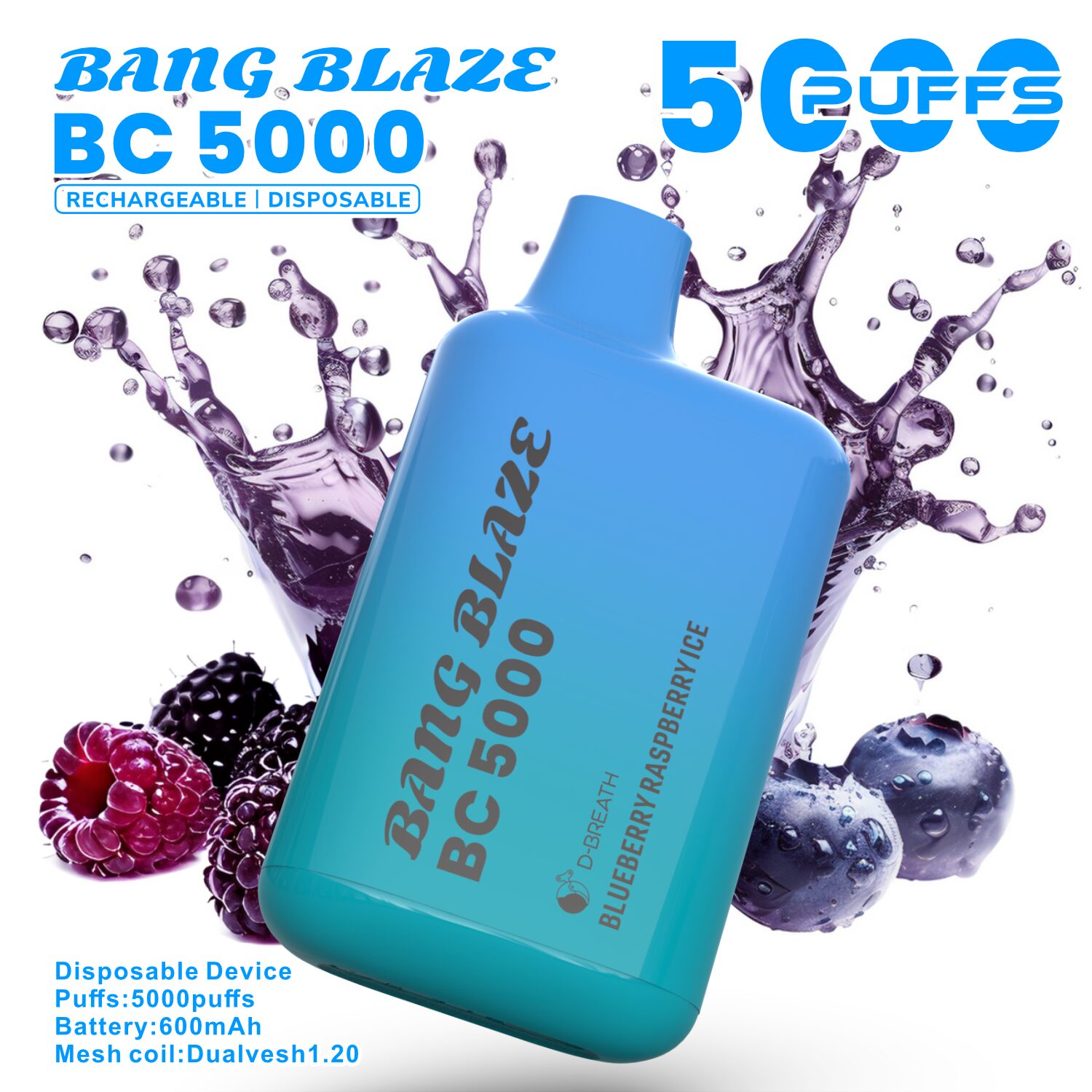 Bang Blaze BC5000 5K Puffs 2% 3% 5% Disposable Vape in Blueberry Raspberry Ice flavor